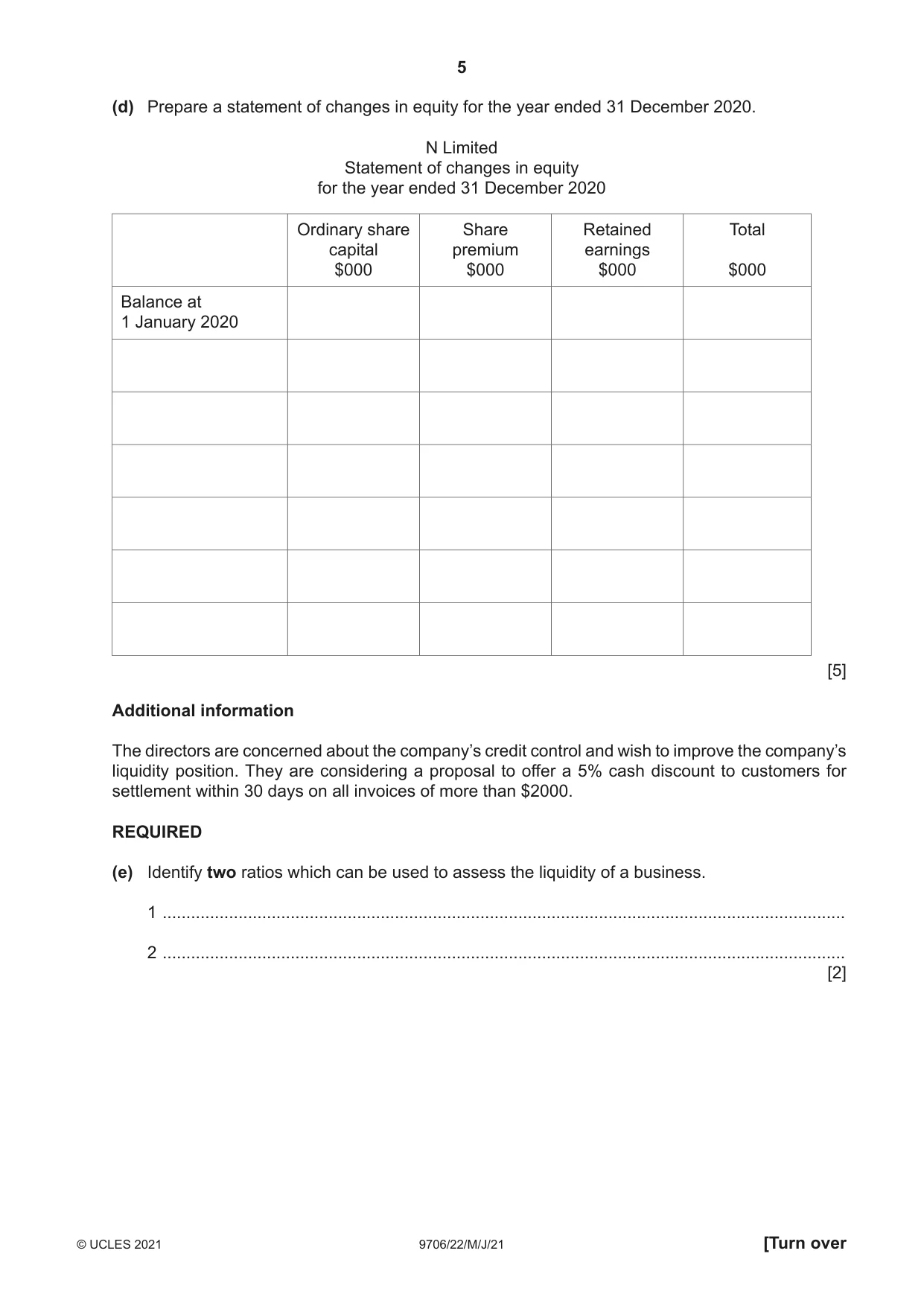 Cambridge A Level Accounting 9706 2021 May/June Paper 2 · Variant 2 question paper, page 5 of 20