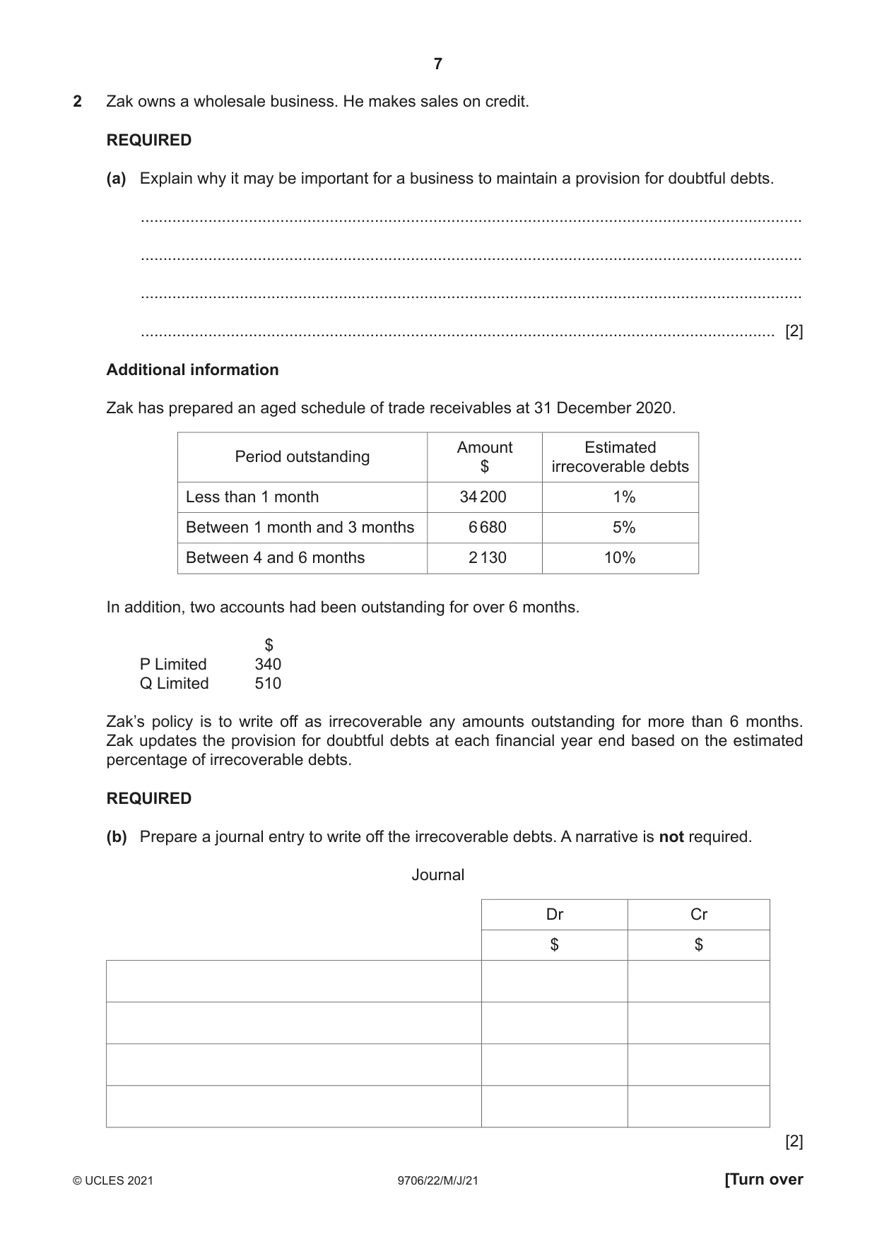 Cambridge A Level Accounting 9706 2021 May/June Paper 2 · Variant 2 question paper, page 7 of 20
