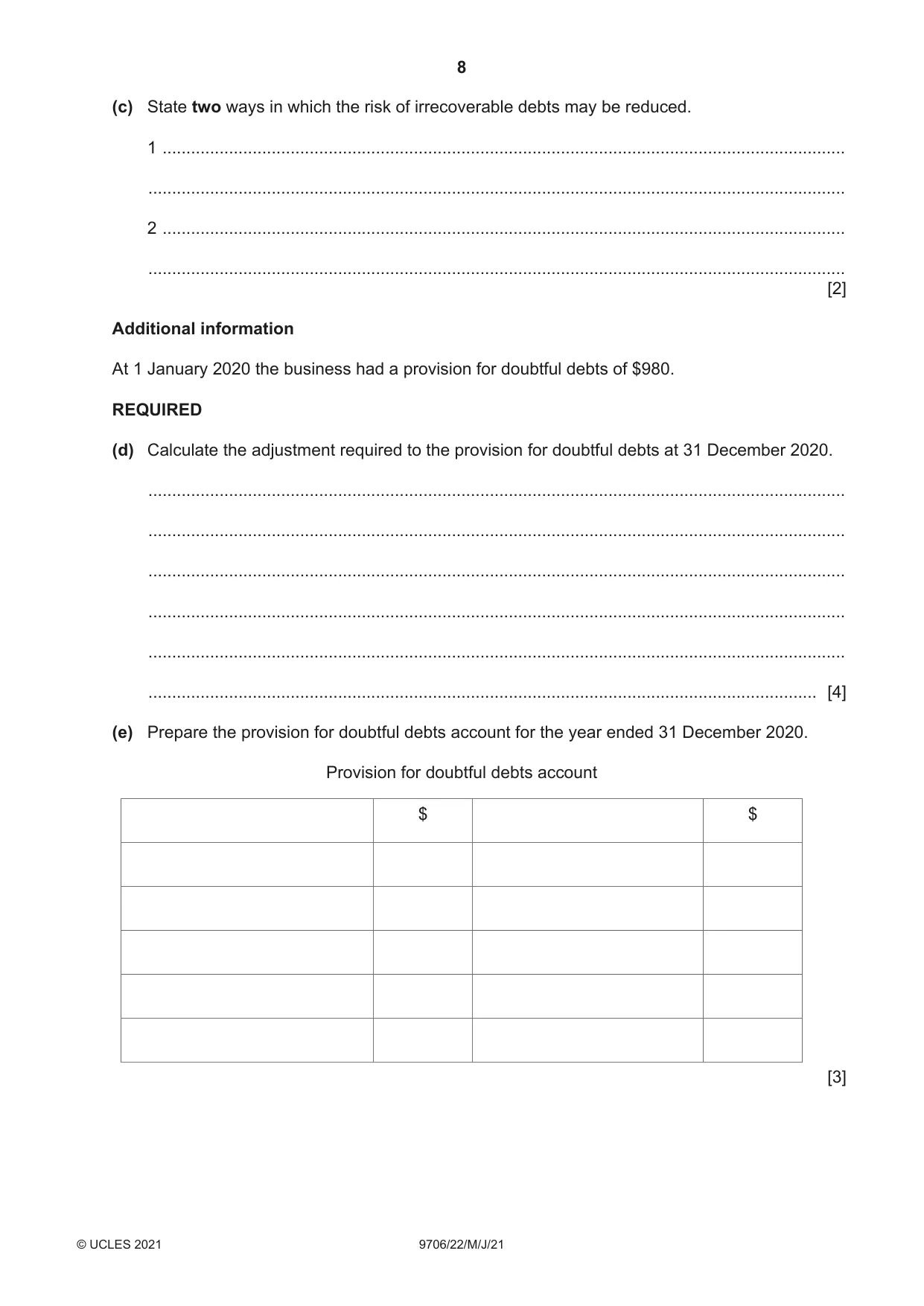 Cambridge A Level Accounting 9706 2021 May/June Paper 2 · Variant 2 question paper, page 8 of 20