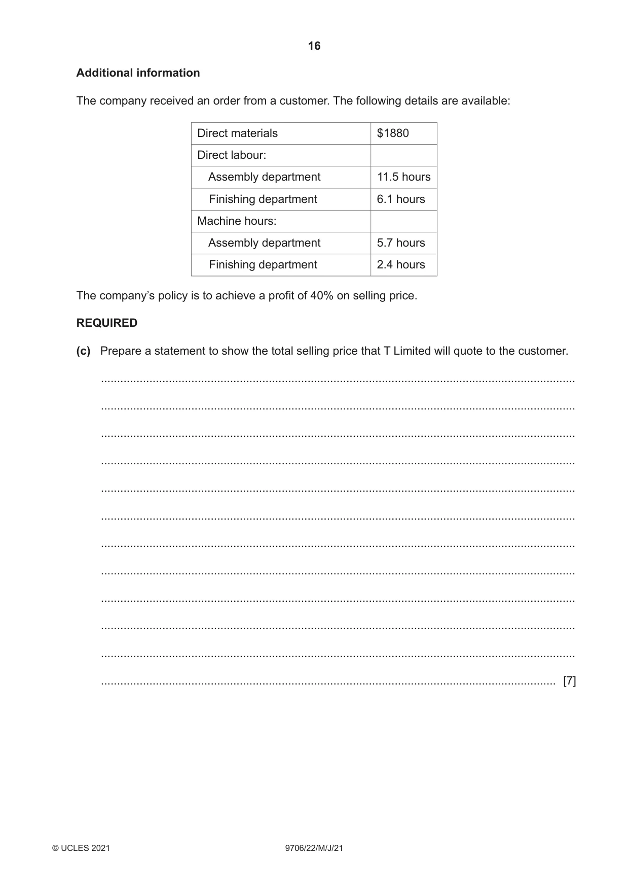 Cambridge A Level Accounting 9706 2021 May/June Paper 2 · Variant 2 question paper, page 16 of 20