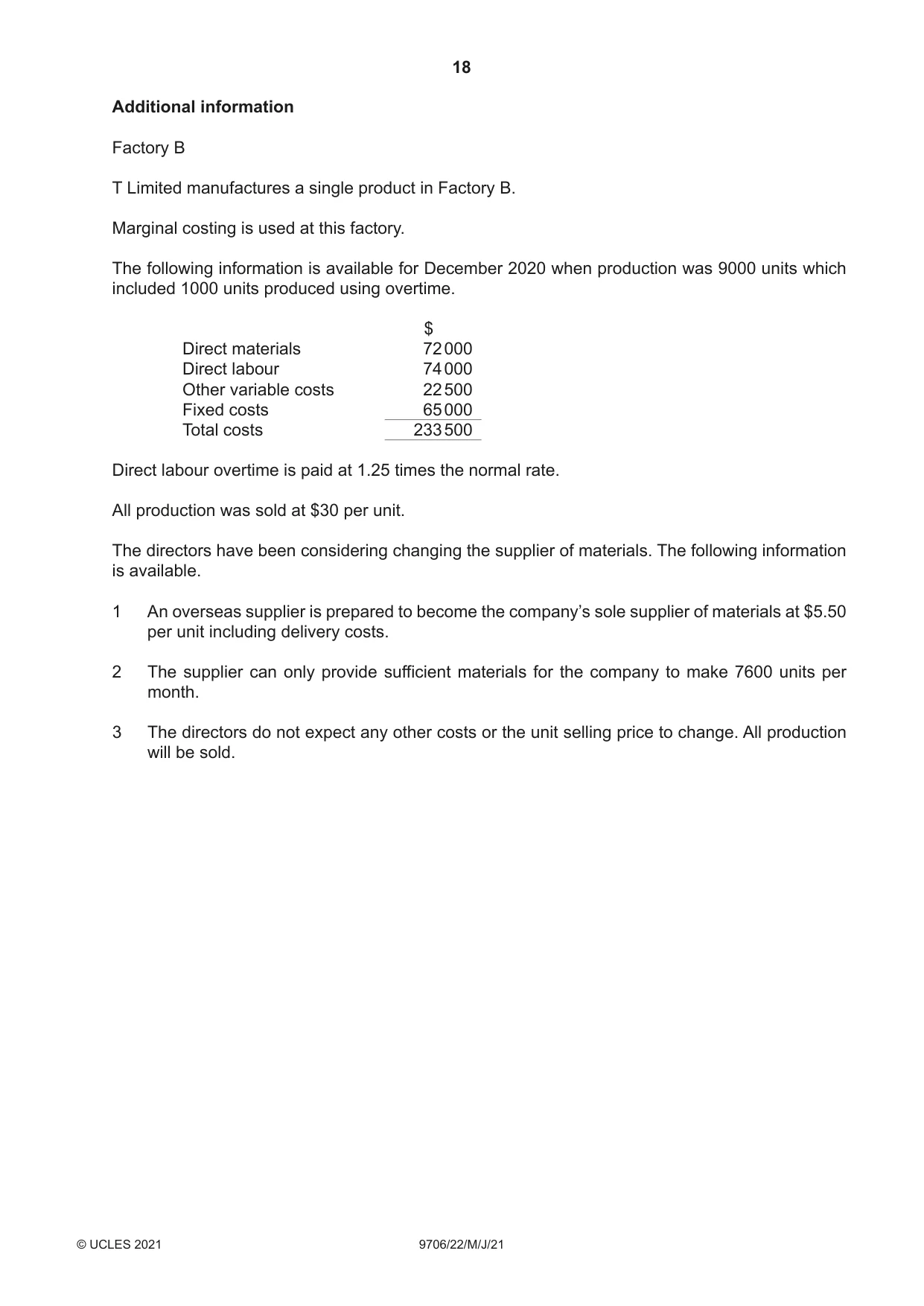 Cambridge A Level Accounting 9706 2021 May/June Paper 2 · Variant 2 question paper, page 18 of 20