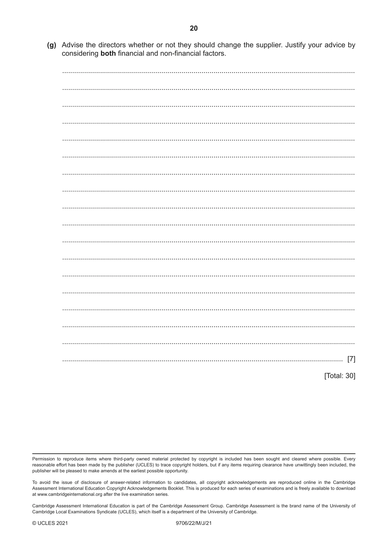 Cambridge A Level Accounting 9706 2021 May/June Paper 2 · Variant 2 question paper, page 20 of 20