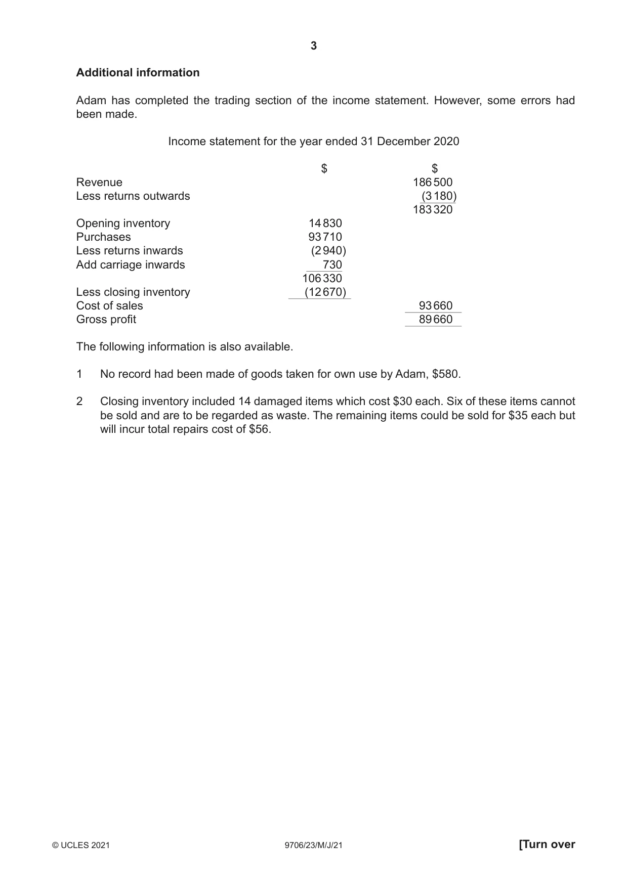 Cambridge A Level Accounting 9706 2021 May/June Paper 2 · Variant 3 question paper, page 3 of 20