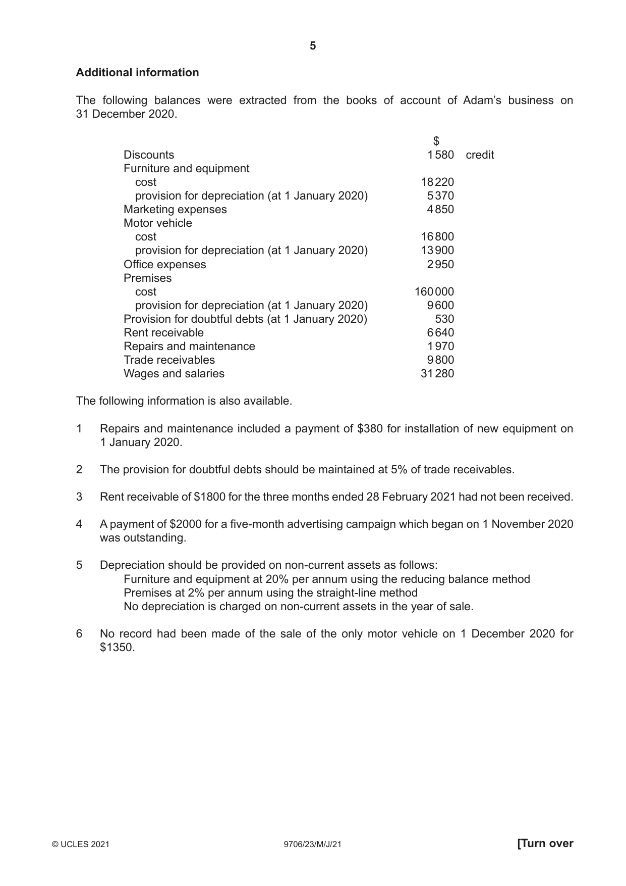 Cambridge A Level Accounting 9706 2021 May/June Paper 2 · Variant 3 question paper, page 5 of 20
