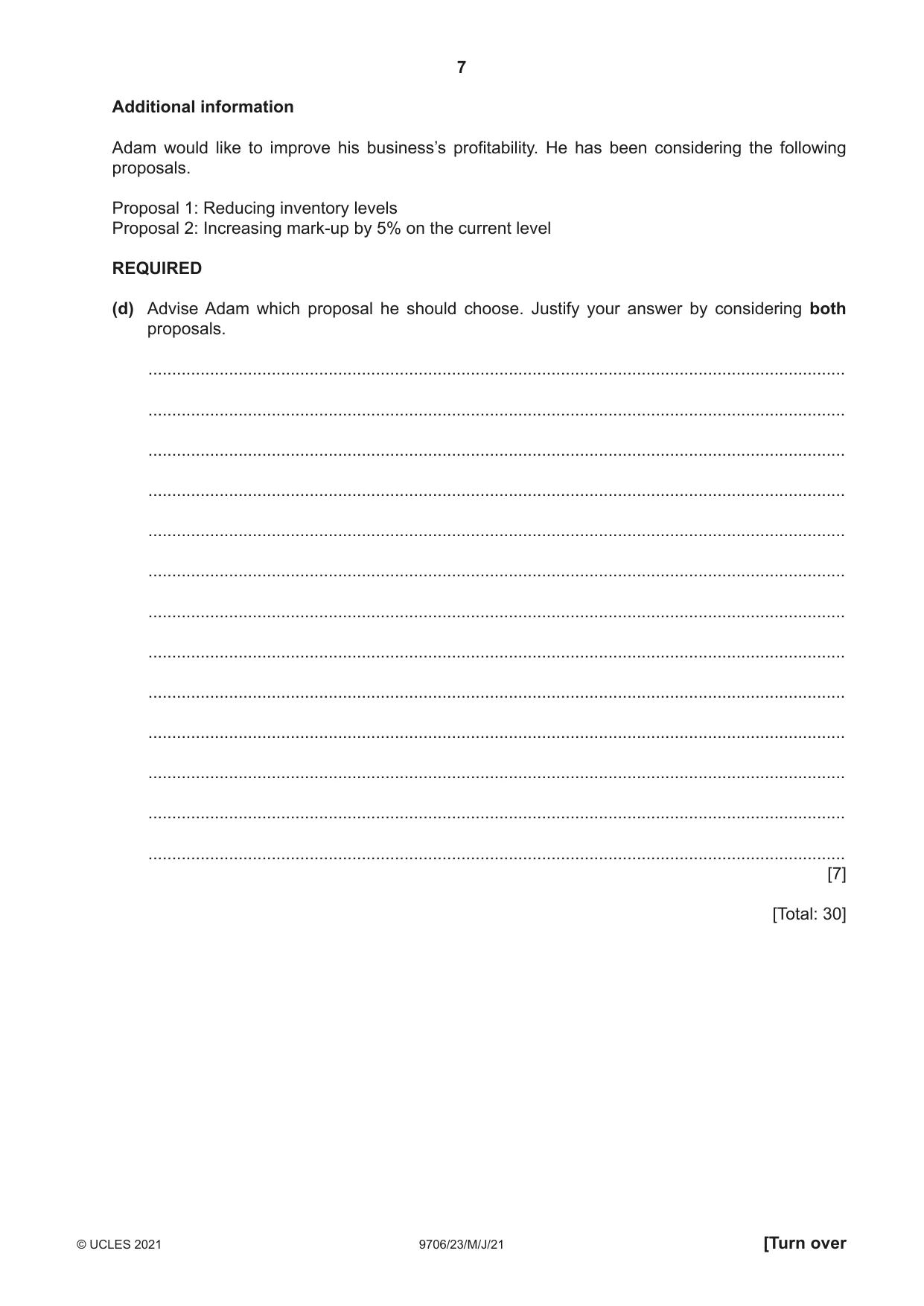 Cambridge A Level Accounting 9706 2021 May/June Paper 2 · Variant 3 question paper, page 7 of 20