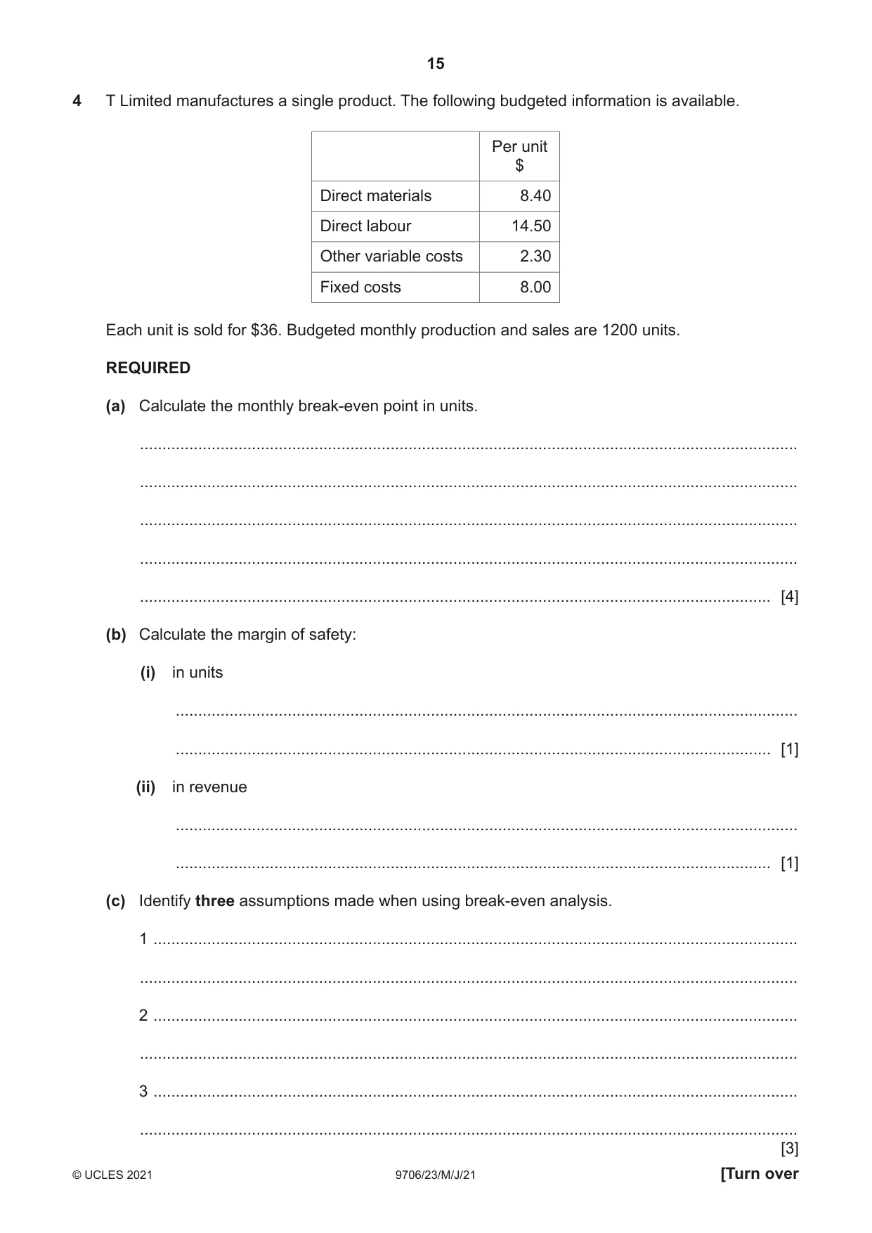 Cambridge A Level Accounting 9706 2021 May/June Paper 2 · Variant 3 question paper, page 15 of 20
