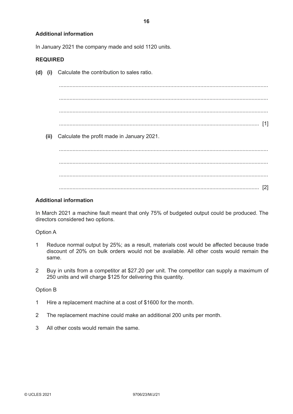 Cambridge A Level Accounting 9706 2021 May/June Paper 2 · Variant 3 question paper, page 16 of 20