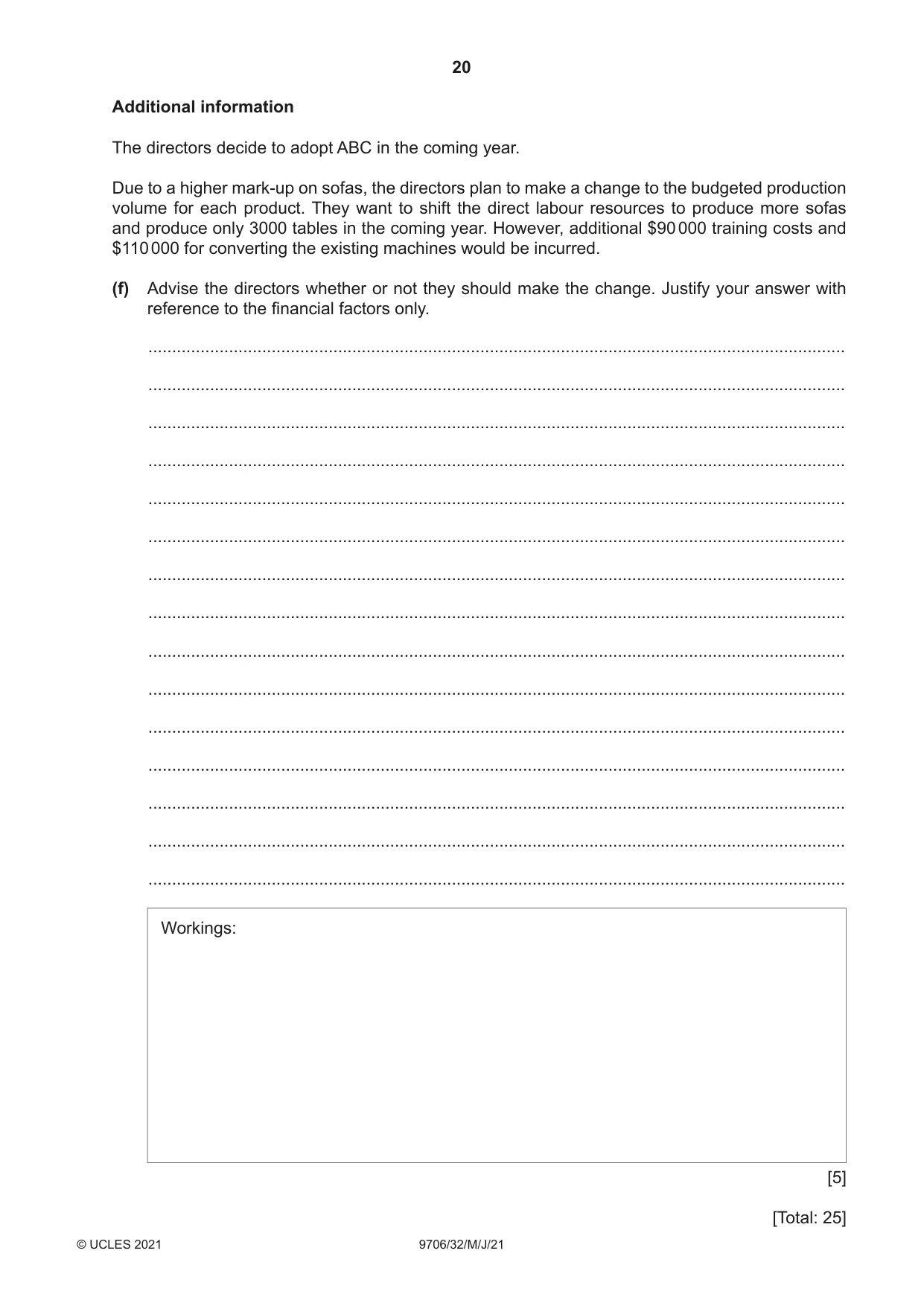Cambridge A Level Accounting 9706 2021 May/June Paper 3 · Variant 2 question paper, page 20 of 24