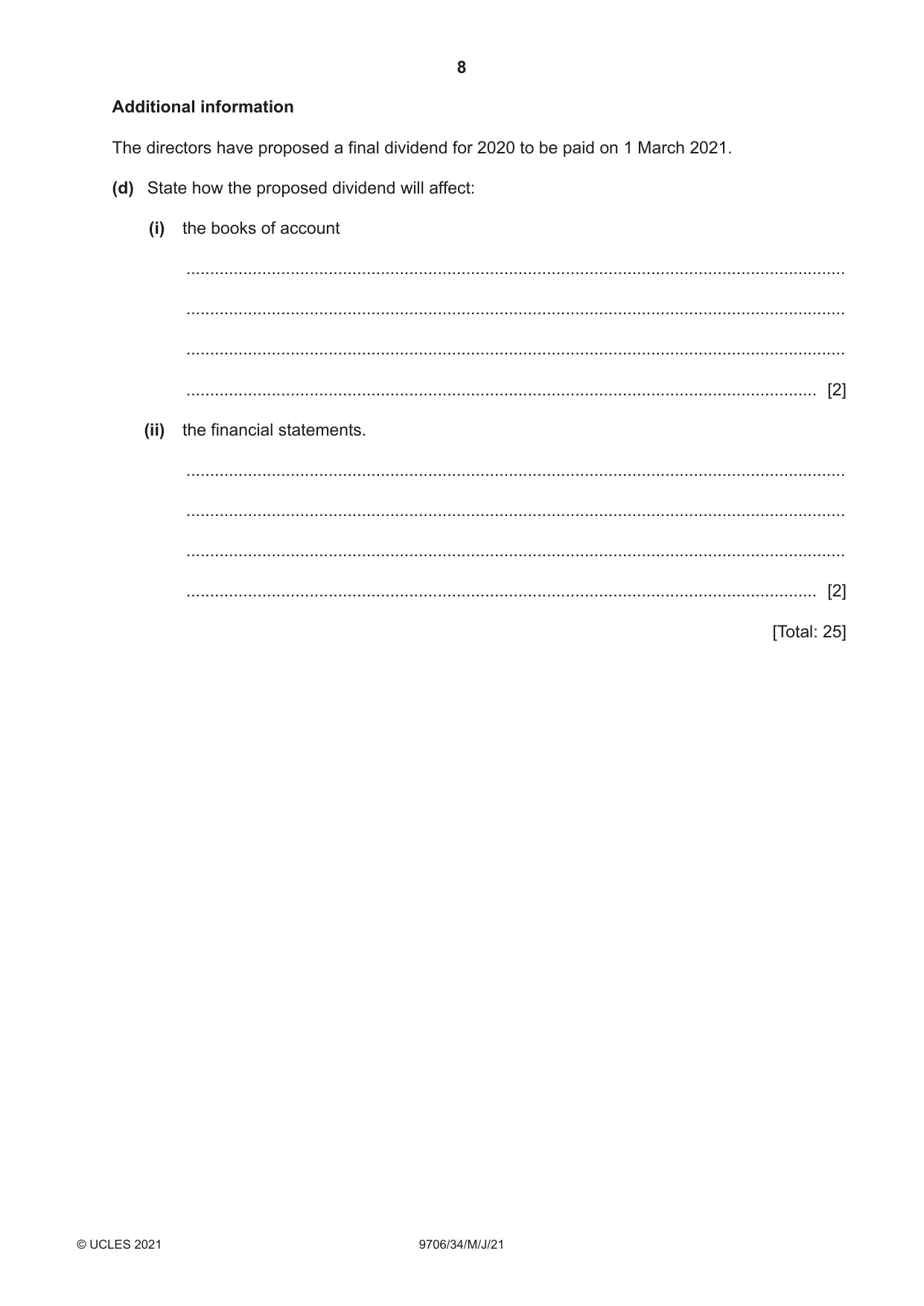 Cambridge A Level Accounting 9706 2021 May/June Paper 3 · Variant 4 question paper, page 8 of 20