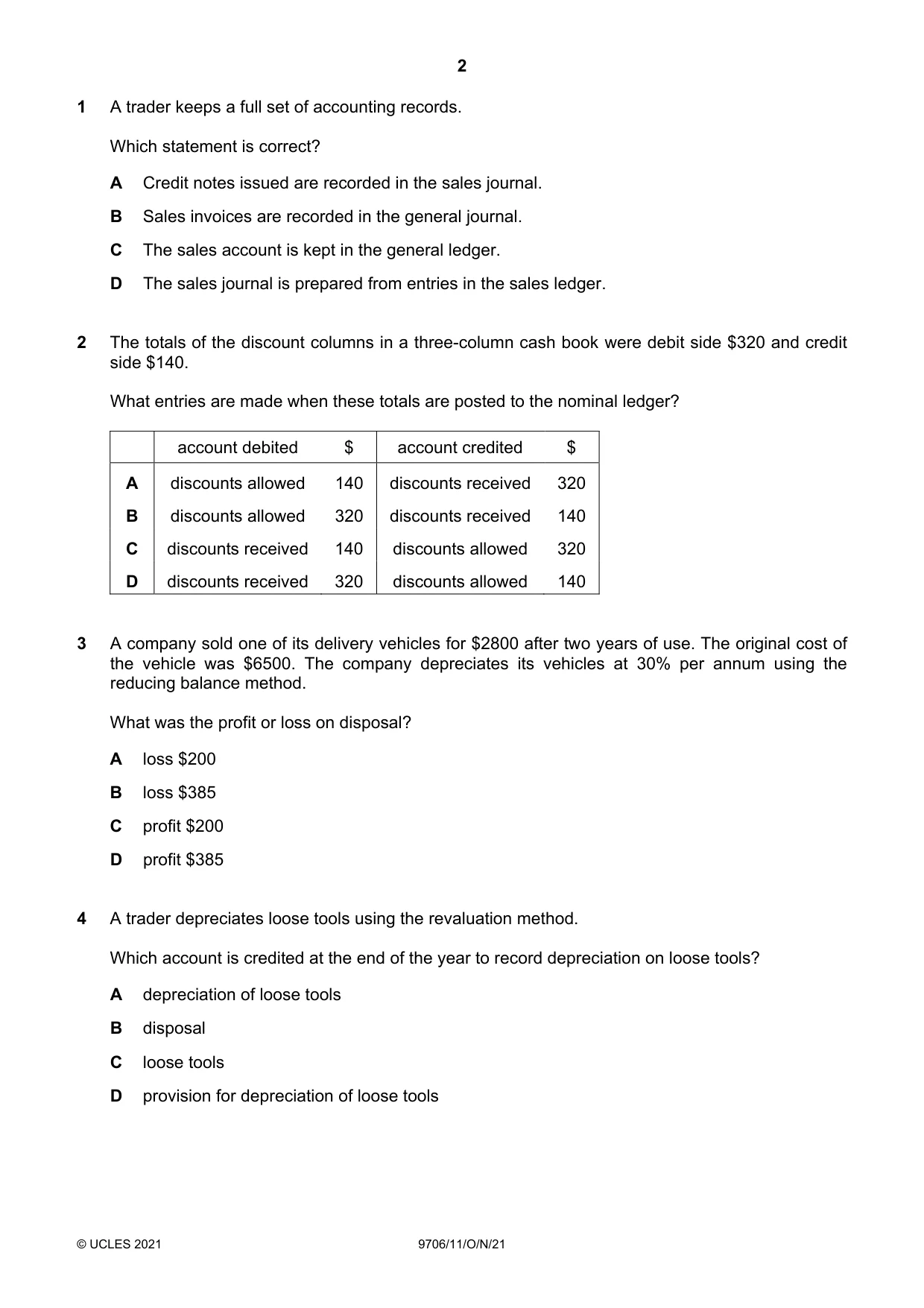 Cambridge A Level Accounting 9706 2021 Oct/Nov Paper 1 · Variant 1 question paper, page 2 of 12