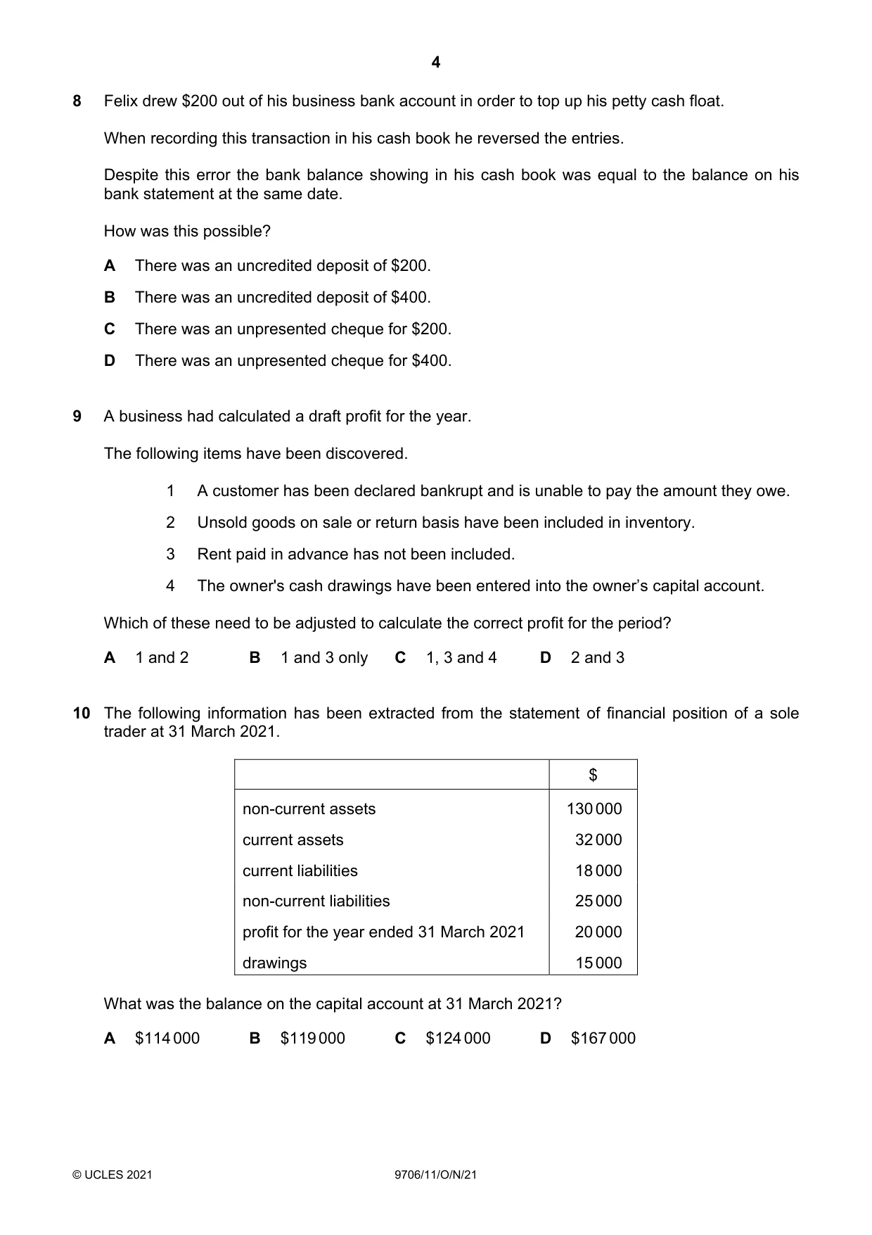 Cambridge A Level Accounting 9706 2021 Oct/Nov Paper 1 · Variant 1 question paper, page 4 of 12