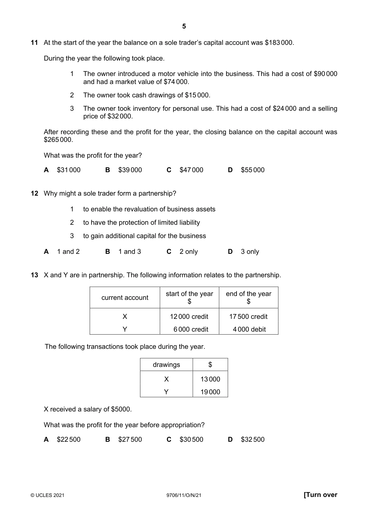 Cambridge A Level Accounting 9706 2021 Oct/Nov Paper 1 · Variant 1 question paper, page 5 of 12