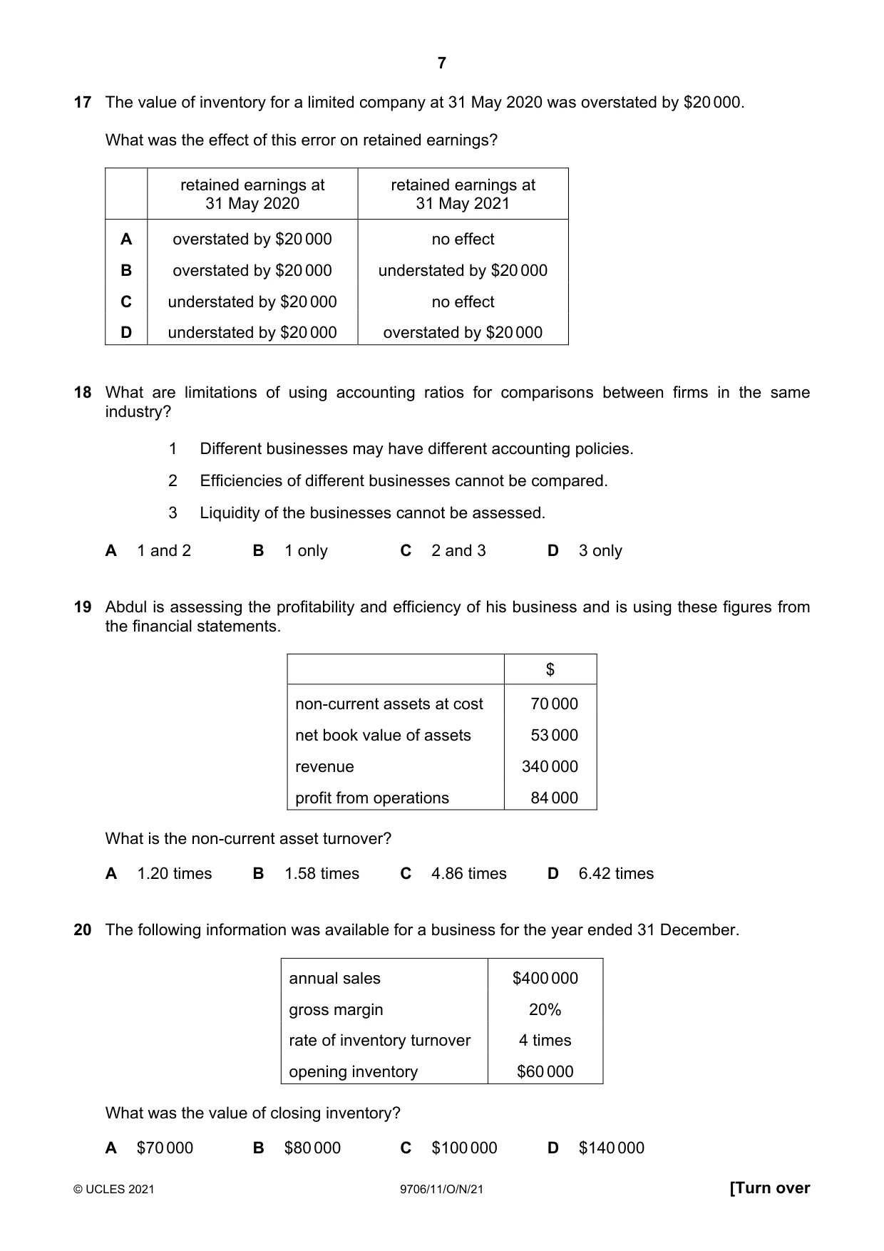 Cambridge A Level Accounting 9706 2021 Oct/Nov Paper 1 · Variant 1 question paper, page 7 of 12