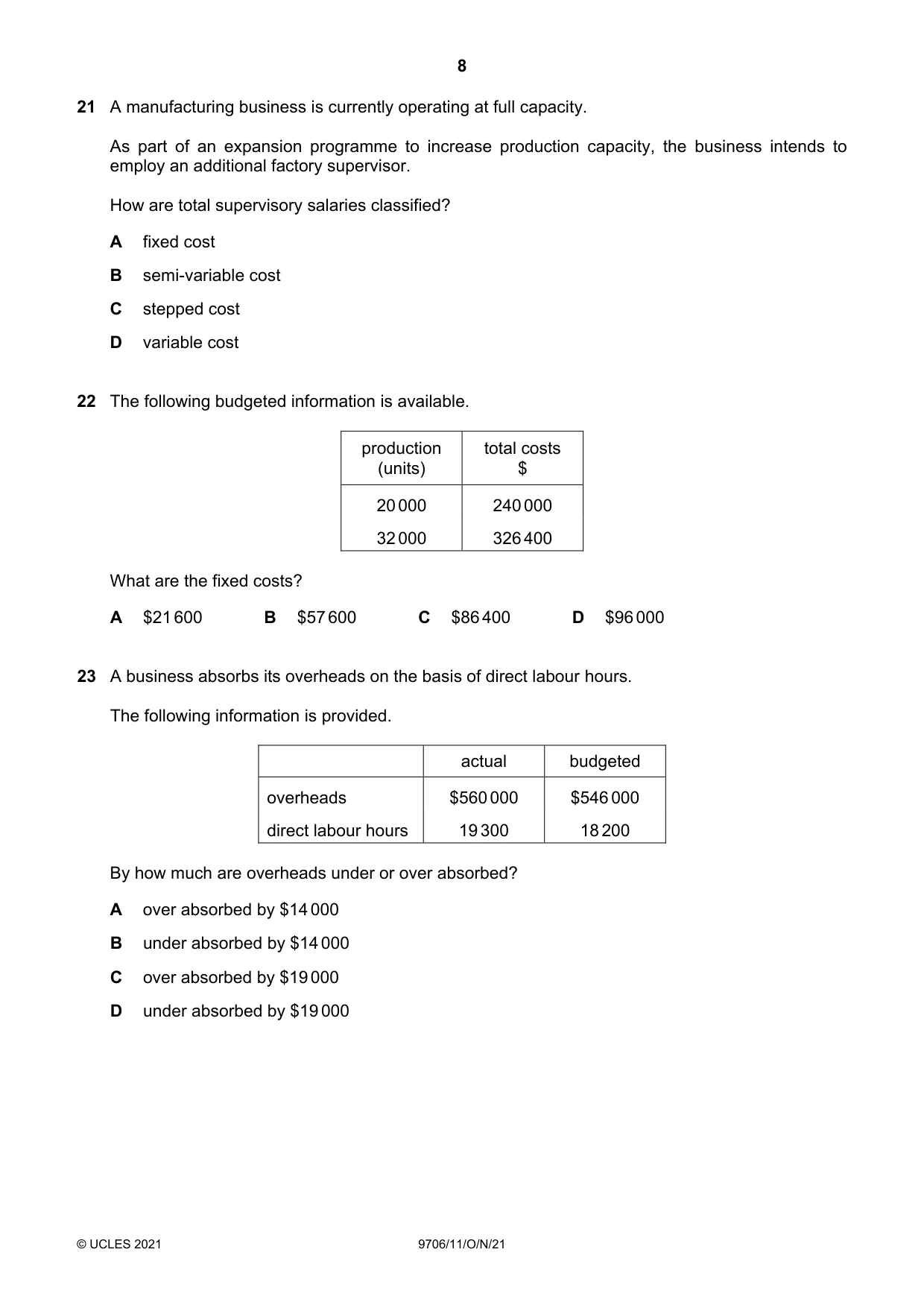 Cambridge A Level Accounting 9706 2021 Oct/Nov Paper 1 · Variant 1 question paper, page 8 of 12