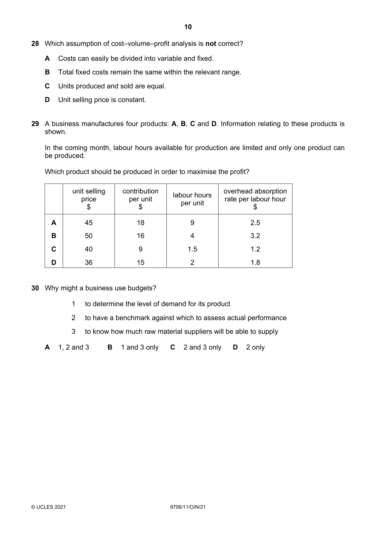 Cambridge A Level Accounting 9706 2021 Oct/Nov Paper 1 · Variant 1 question paper, page 10 of 12