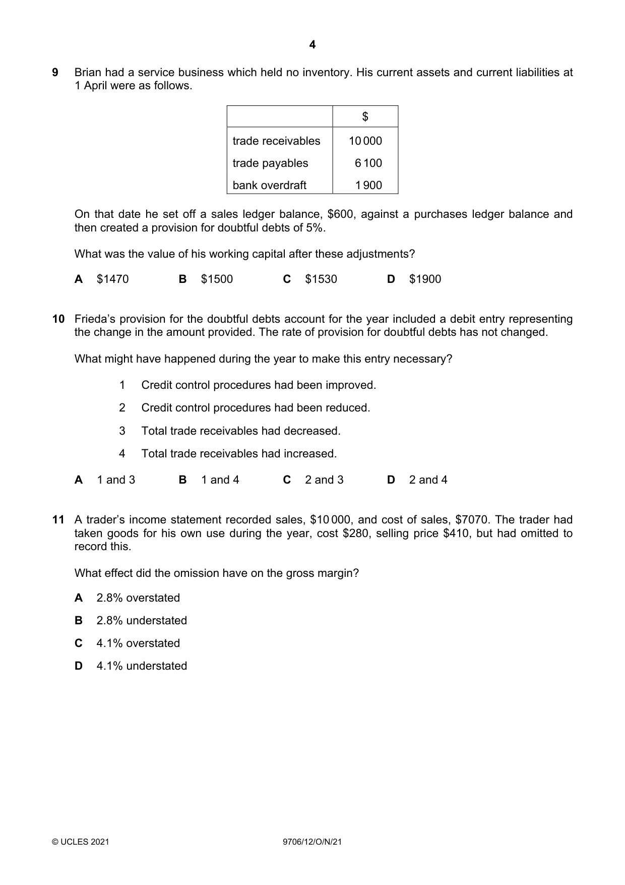 Cambridge A Level Accounting 9706 2021 Oct/Nov Paper 1 · Variant 2 question paper, page 4 of 12