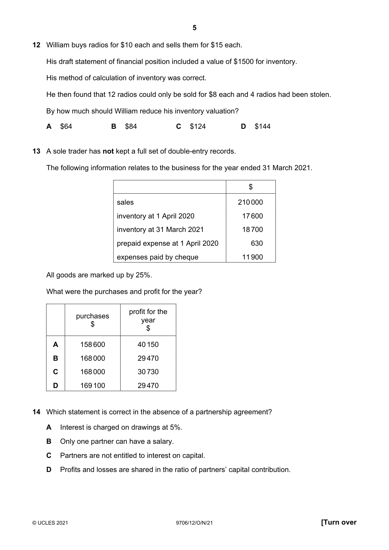 Cambridge A Level Accounting 9706 2021 Oct/Nov Paper 1 · Variant 2 question paper, page 5 of 12