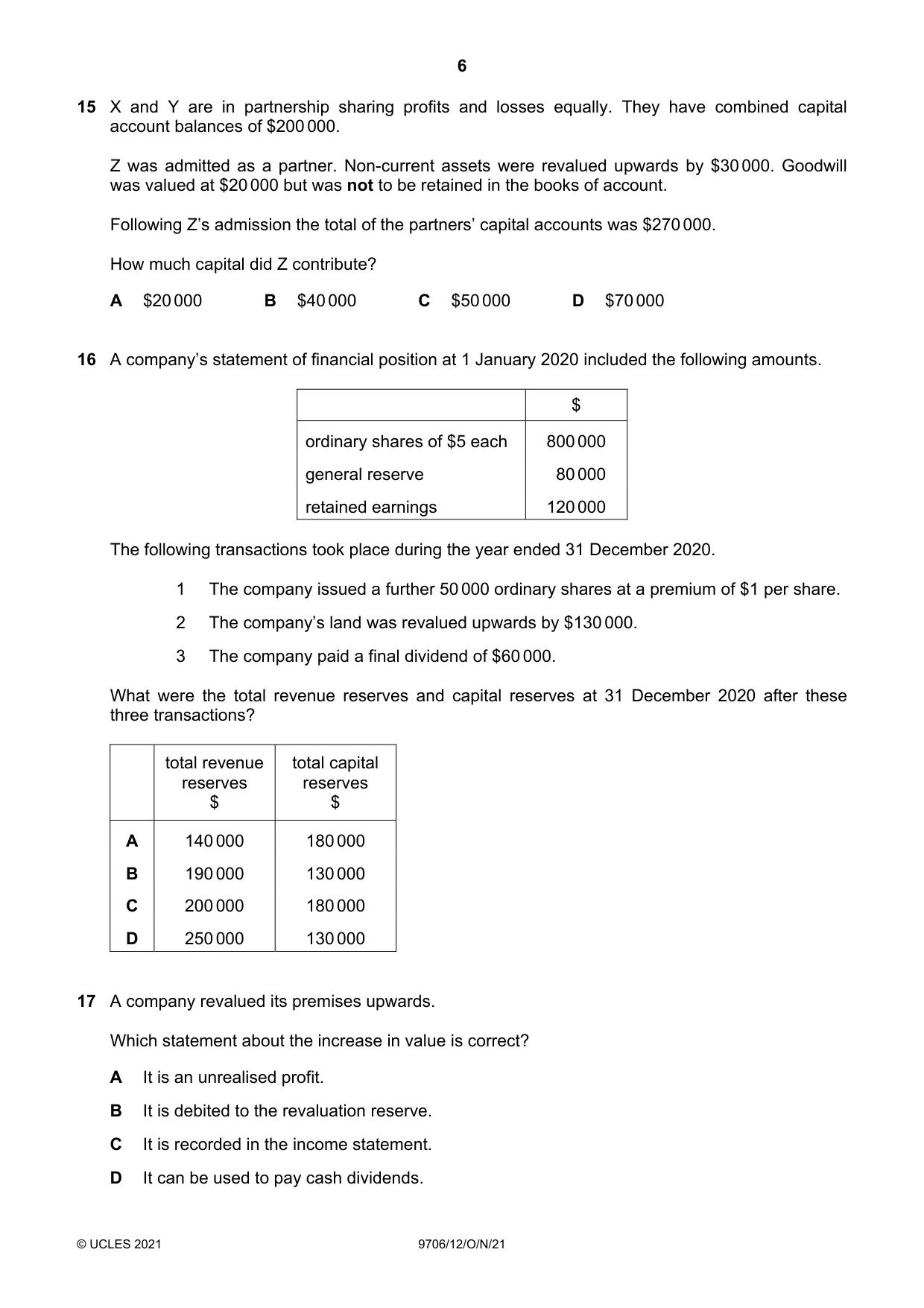 Cambridge A Level Accounting 9706 2021 Oct/Nov Paper 1 · Variant 2 question paper, page 6 of 12