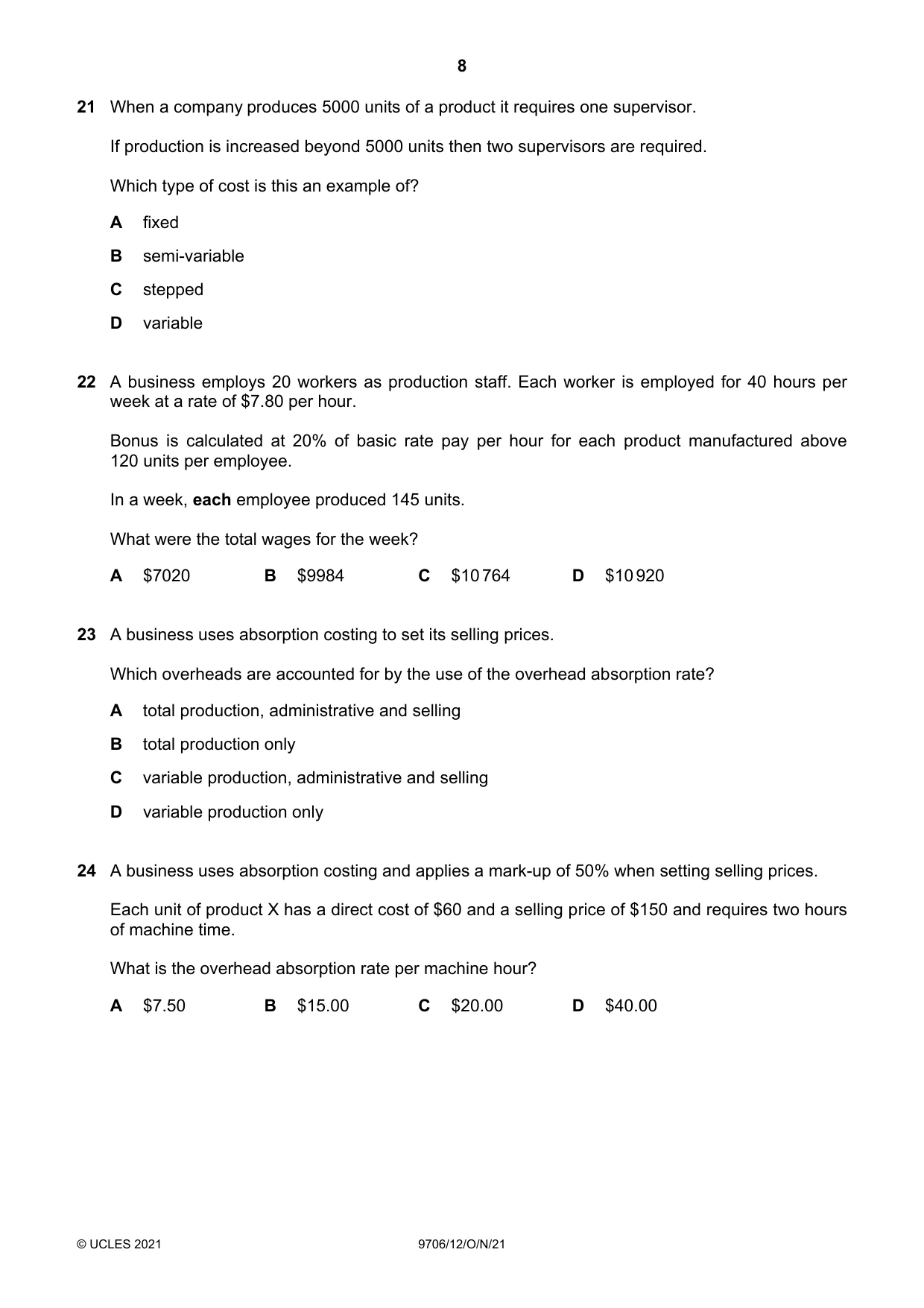 Cambridge A Level Accounting 9706 2021 Oct/Nov Paper 1 · Variant 2 question paper, page 8 of 12