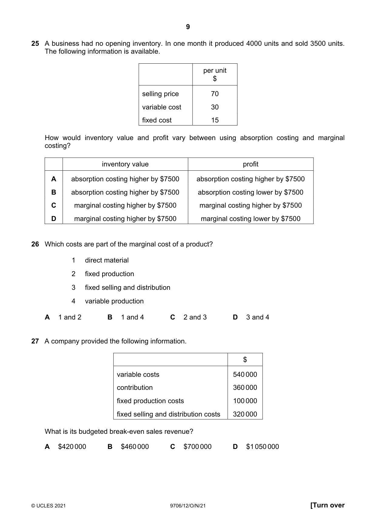 Cambridge A Level Accounting 9706 2021 Oct/Nov Paper 1 · Variant 2 question paper, page 9 of 12