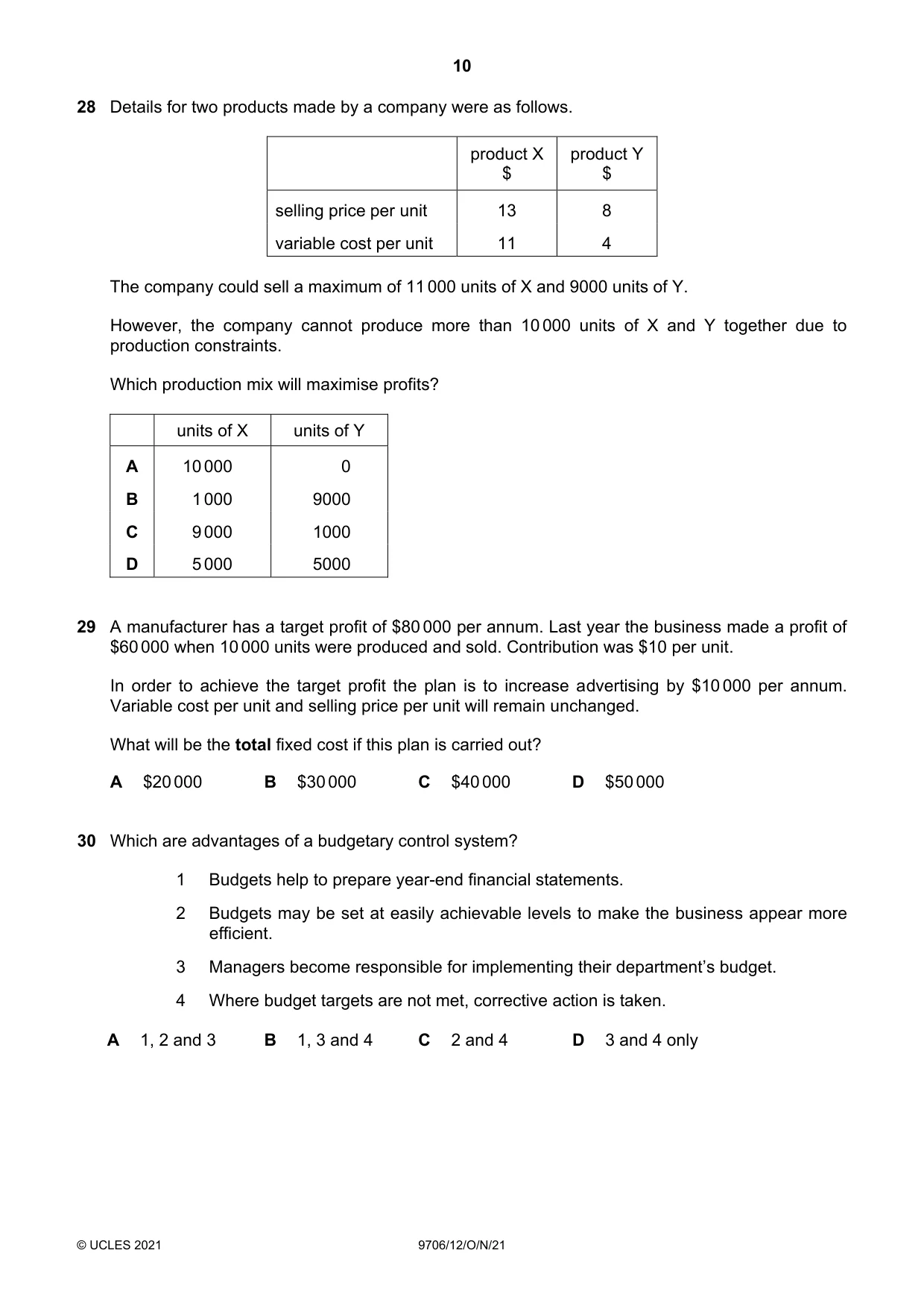 Cambridge A Level Accounting 9706 2021 Oct/Nov Paper 1 · Variant 2 question paper, page 10 of 12