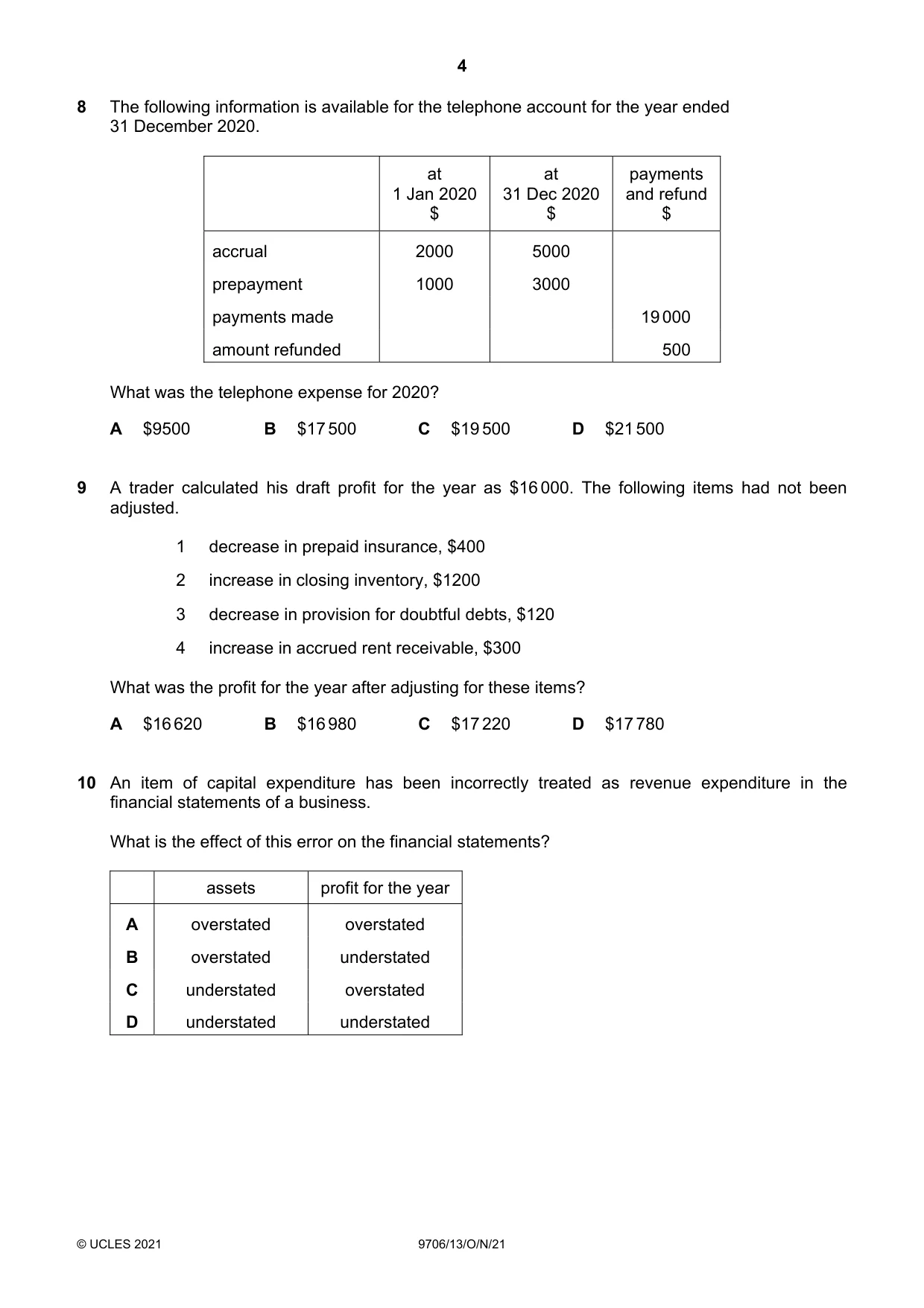 Cambridge A Level Accounting 9706 2021 Oct/Nov Paper 1 · Variant 3 question paper, page 4 of 12