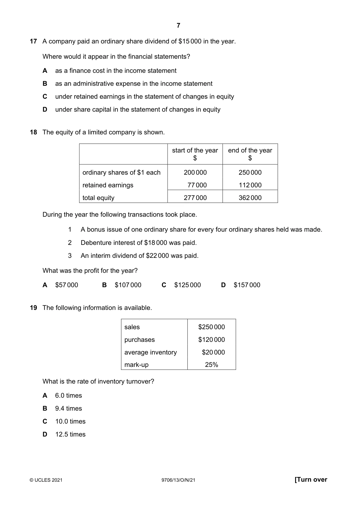 Cambridge A Level Accounting 9706 2021 Oct/Nov Paper 1 · Variant 3 question paper, page 7 of 12