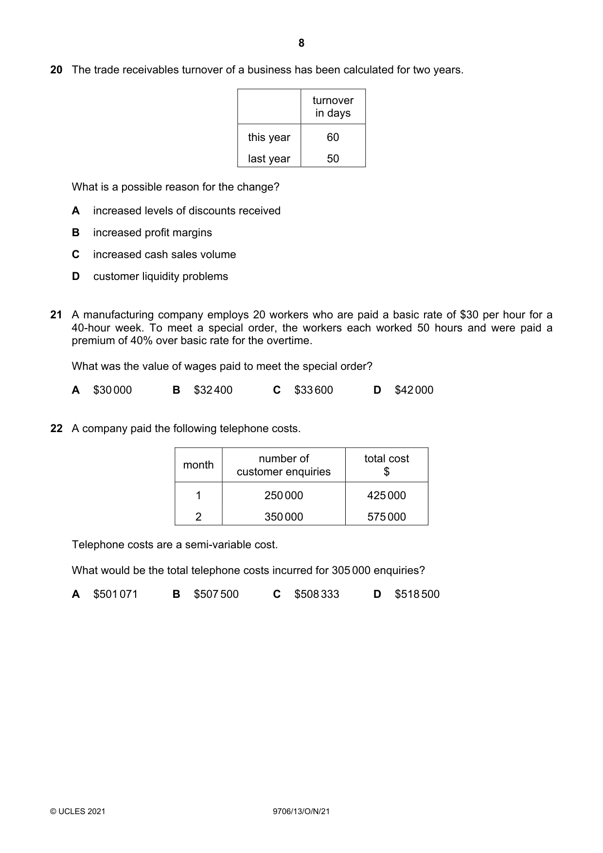 Cambridge A Level Accounting 9706 2021 Oct/Nov Paper 1 · Variant 3 question paper, page 8 of 12