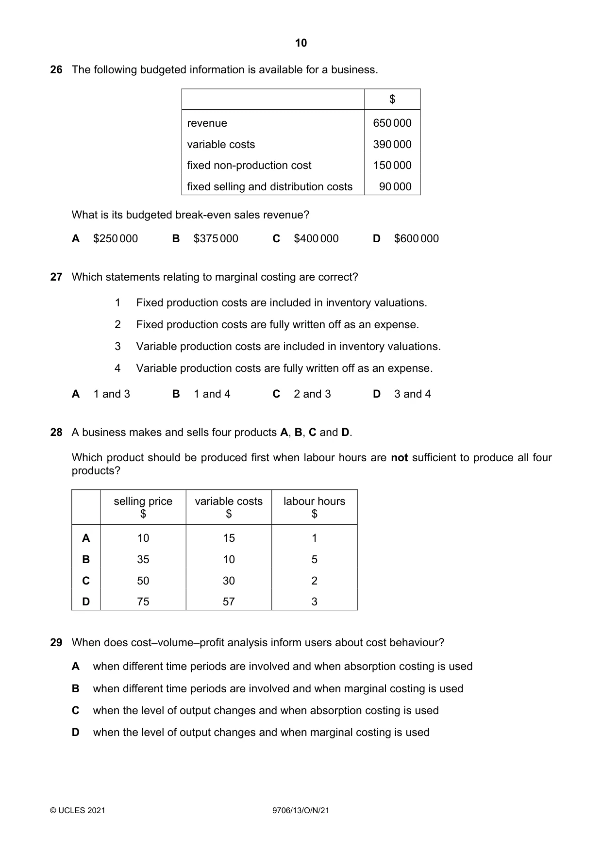 Cambridge A Level Accounting 9706 2021 Oct/Nov Paper 1 · Variant 3 question paper, page 10 of 12