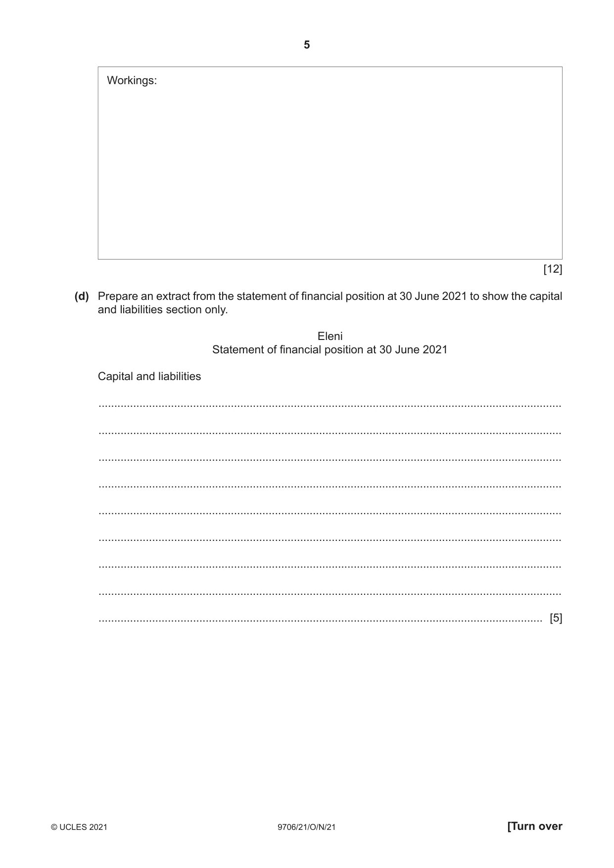 Cambridge A Level Accounting 9706 2021 Oct/Nov Paper 2 · Variant 1 question paper, page 5 of 20