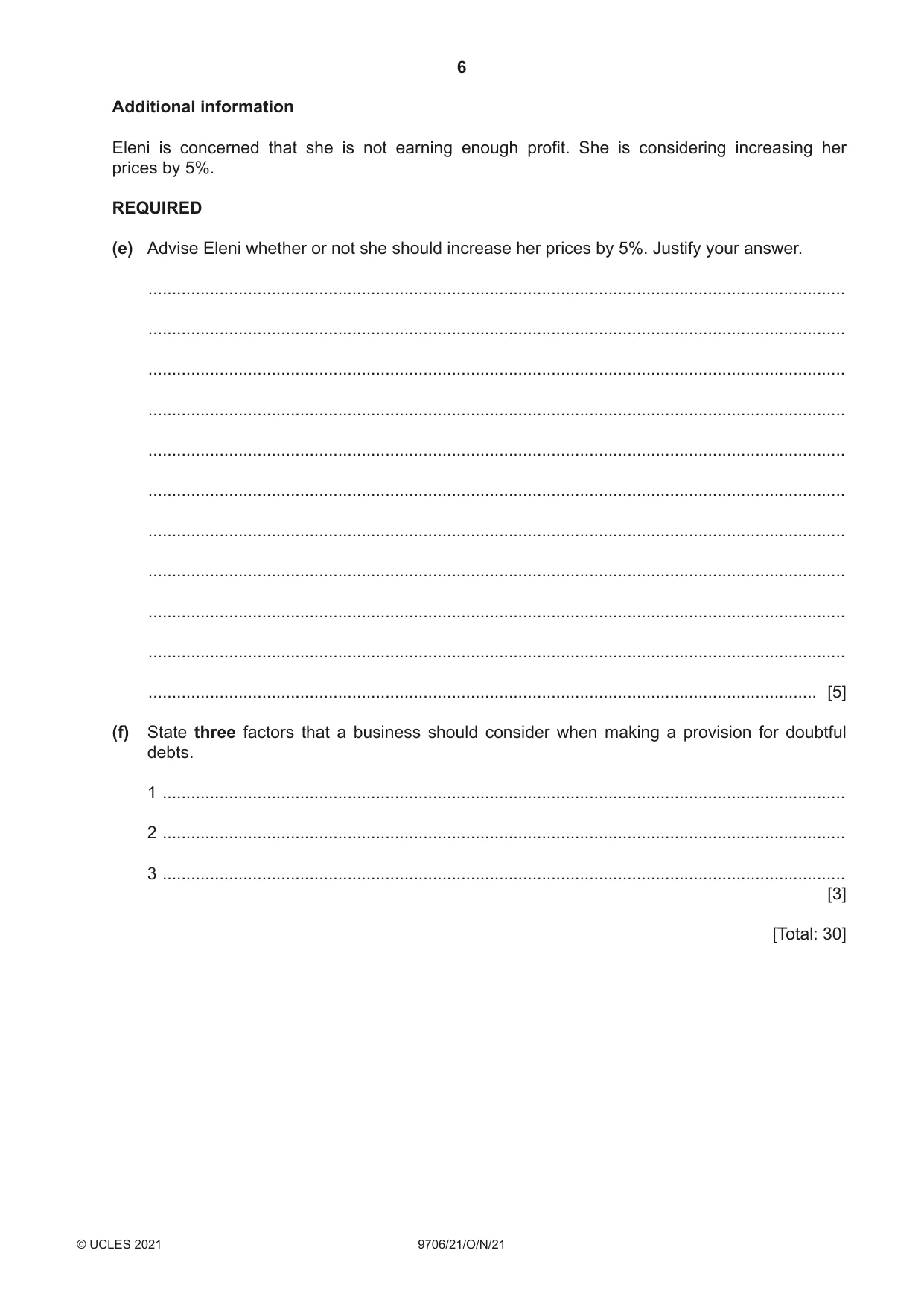 Cambridge A Level Accounting 9706 2021 Oct/Nov Paper 2 · Variant 1 question paper, page 6 of 20