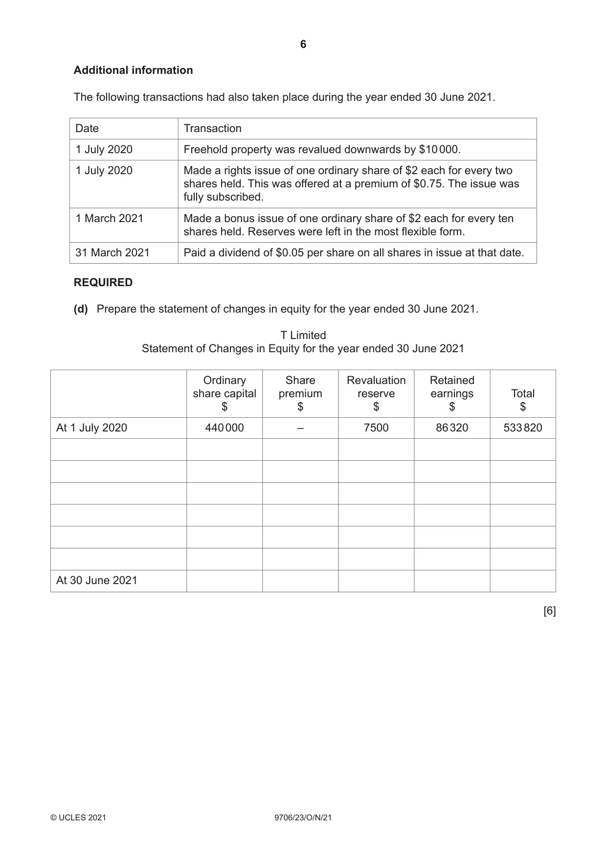 Cambridge A Level Accounting 9706 2021 Oct/Nov Paper 2 · Variant 3 question paper, page 6 of 20