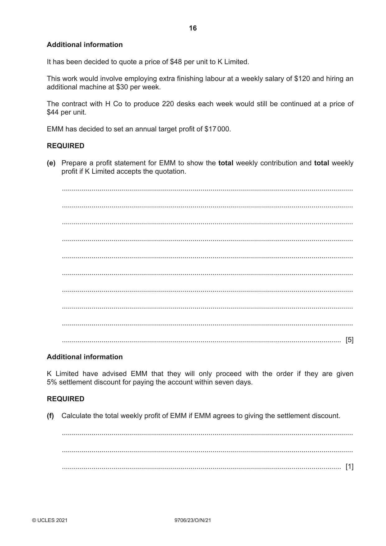 Cambridge A Level Accounting 9706 2021 Oct/Nov Paper 2 · Variant 3 question paper, page 16 of 20