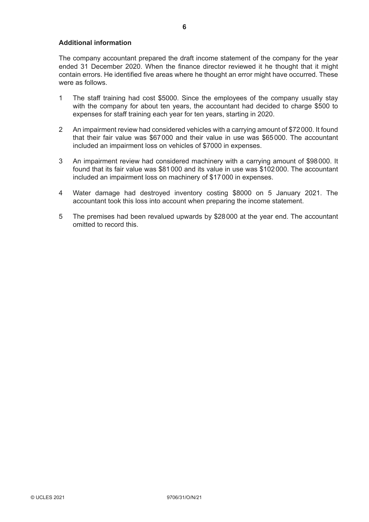 Cambridge A Level Accounting 9706 2021 Oct/Nov Paper 3 · Variant 1 question paper, page 6 of 24