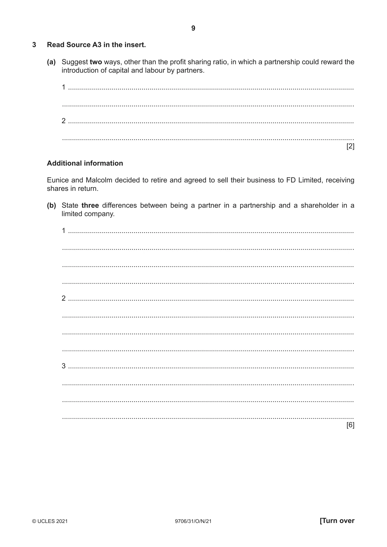 Cambridge A Level Accounting 9706 2021 Oct/Nov Paper 3 · Variant 1 question paper, page 9 of 24