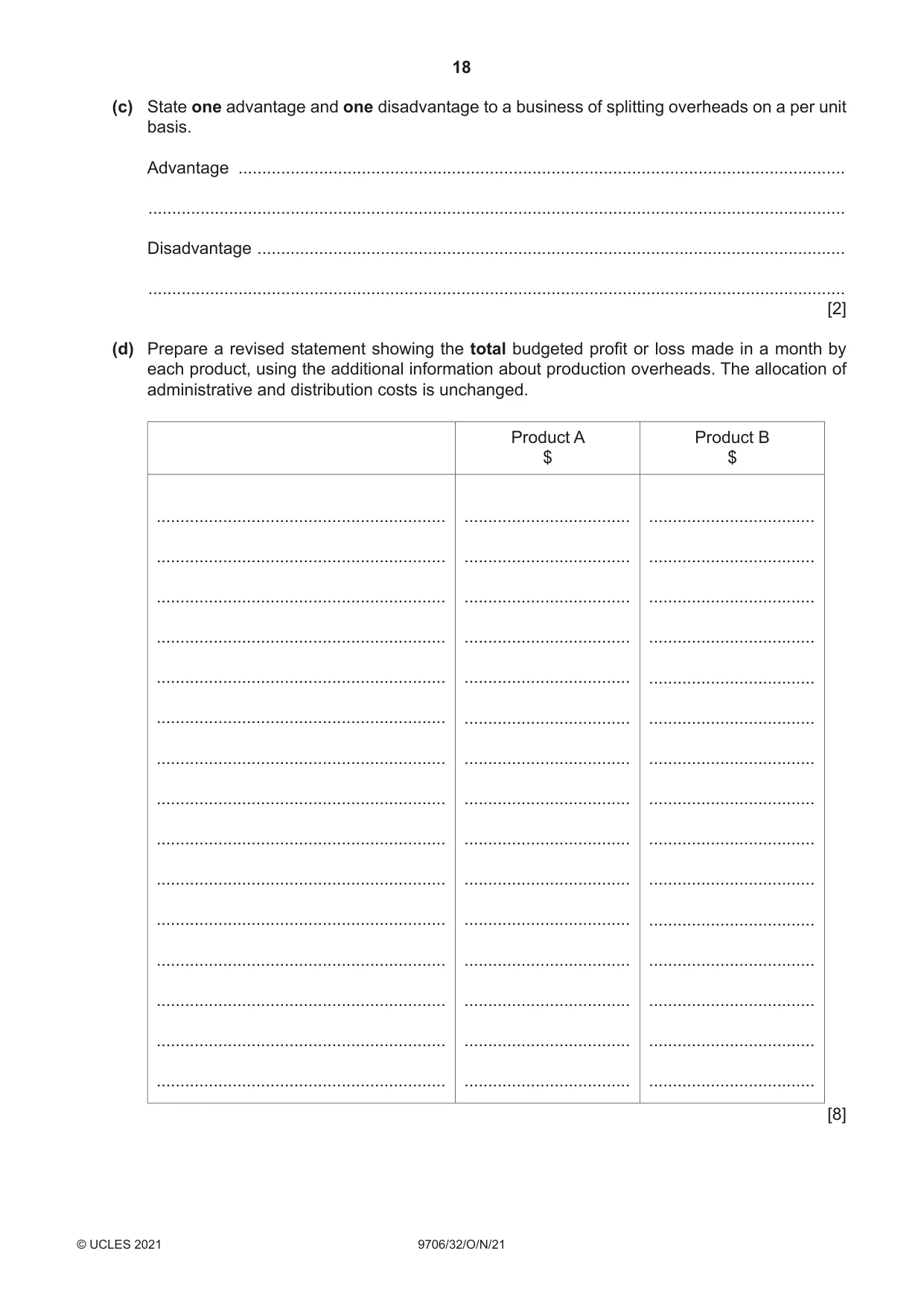 Cambridge A Level Accounting 9706 2021 Oct/Nov Paper 3 · Variant 2 question paper, page 18 of 24