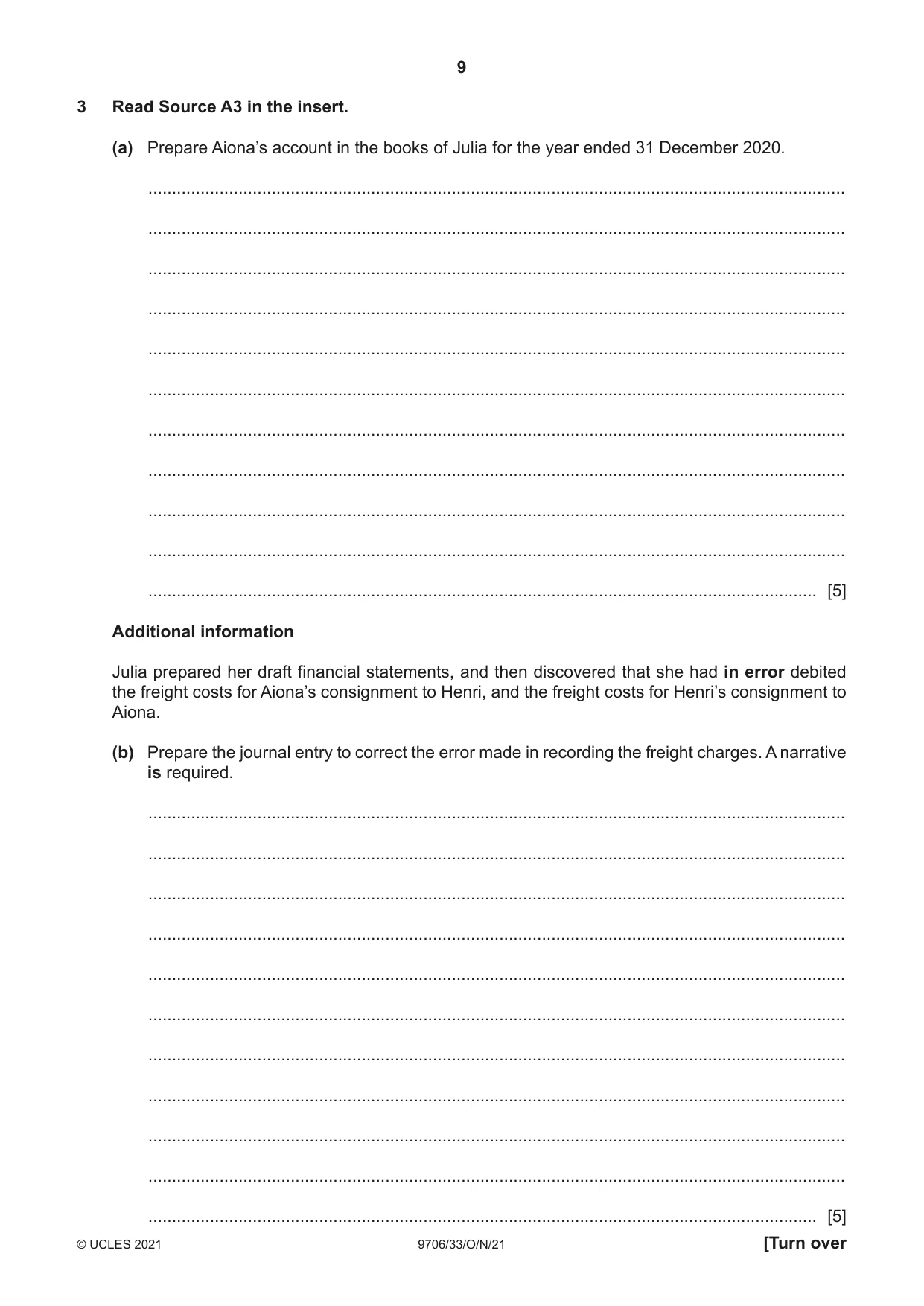 Cambridge A Level Accounting 9706 2021 Oct/Nov Paper 3 · Variant 3 question paper, page 9 of 24