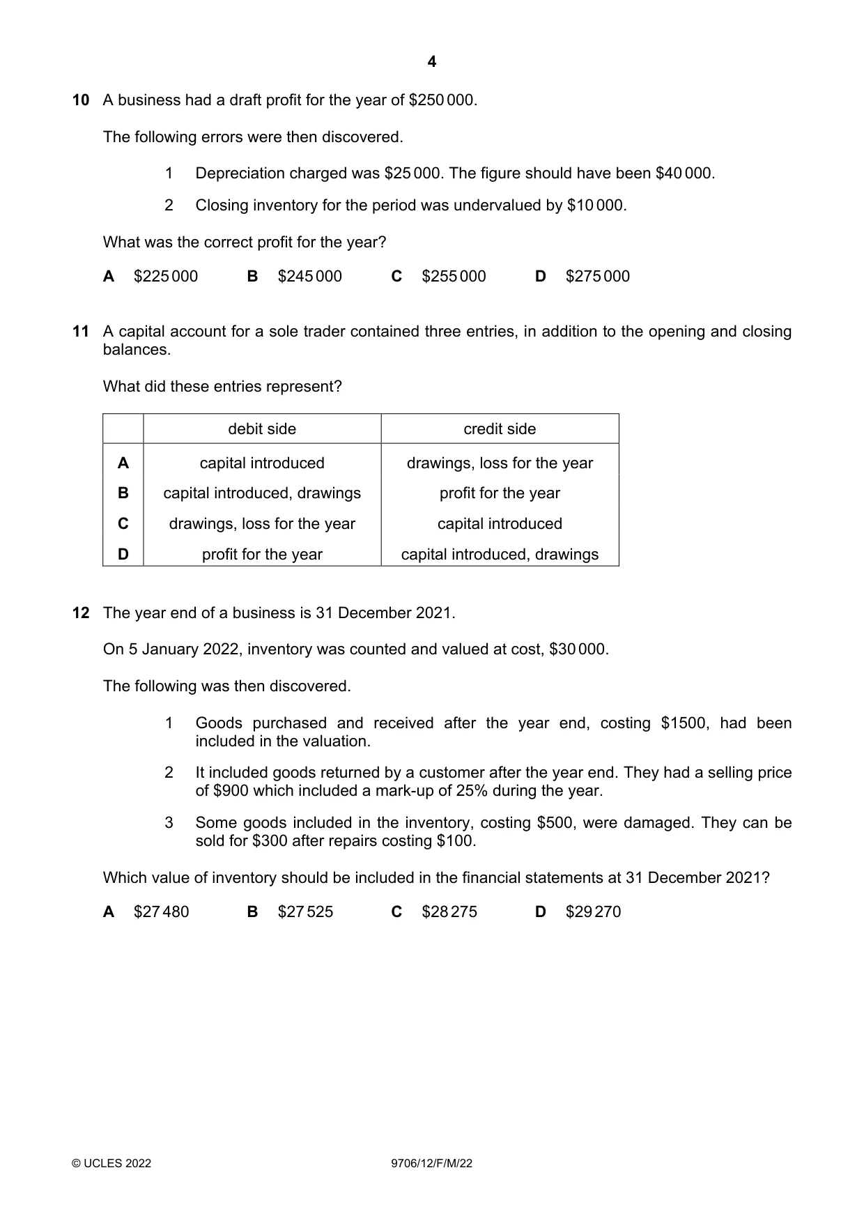 Cambridge A Level Accounting 9706 2022 Feb/March Paper 1 · Variant 2 question paper, page 4 of 12