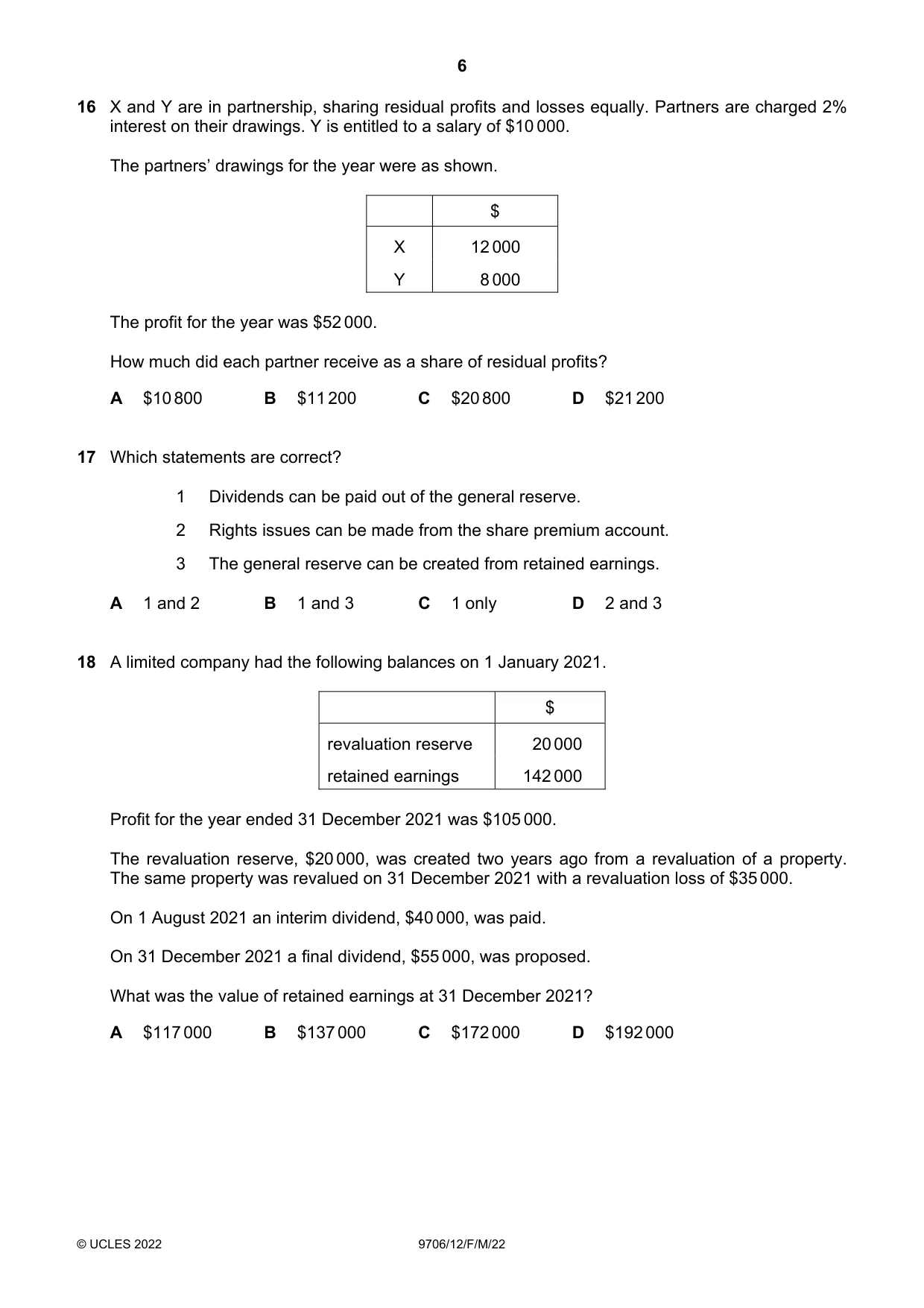 Cambridge A Level Accounting 9706 2022 Feb/March Paper 1 · Variant 2 question paper, page 6 of 12