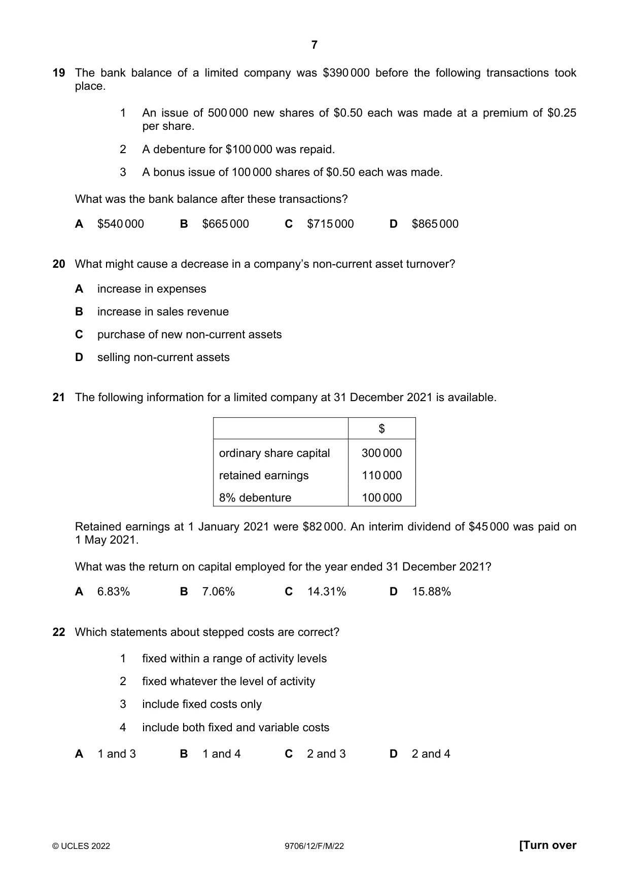 Cambridge A Level Accounting 9706 2022 Feb/March Paper 1 · Variant 2 question paper, page 7 of 12