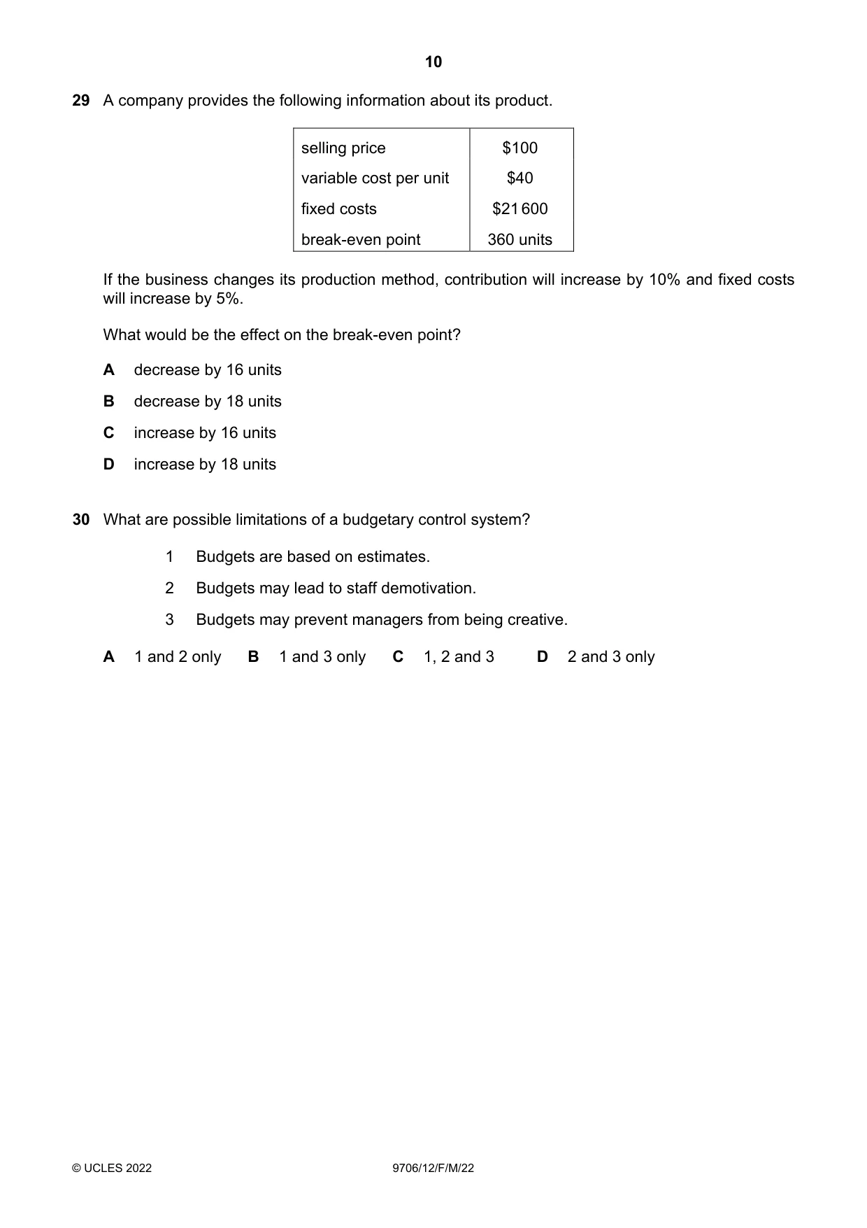 Cambridge A Level Accounting 9706 2022 Feb/March Paper 1 · Variant 2 question paper, page 10 of 12