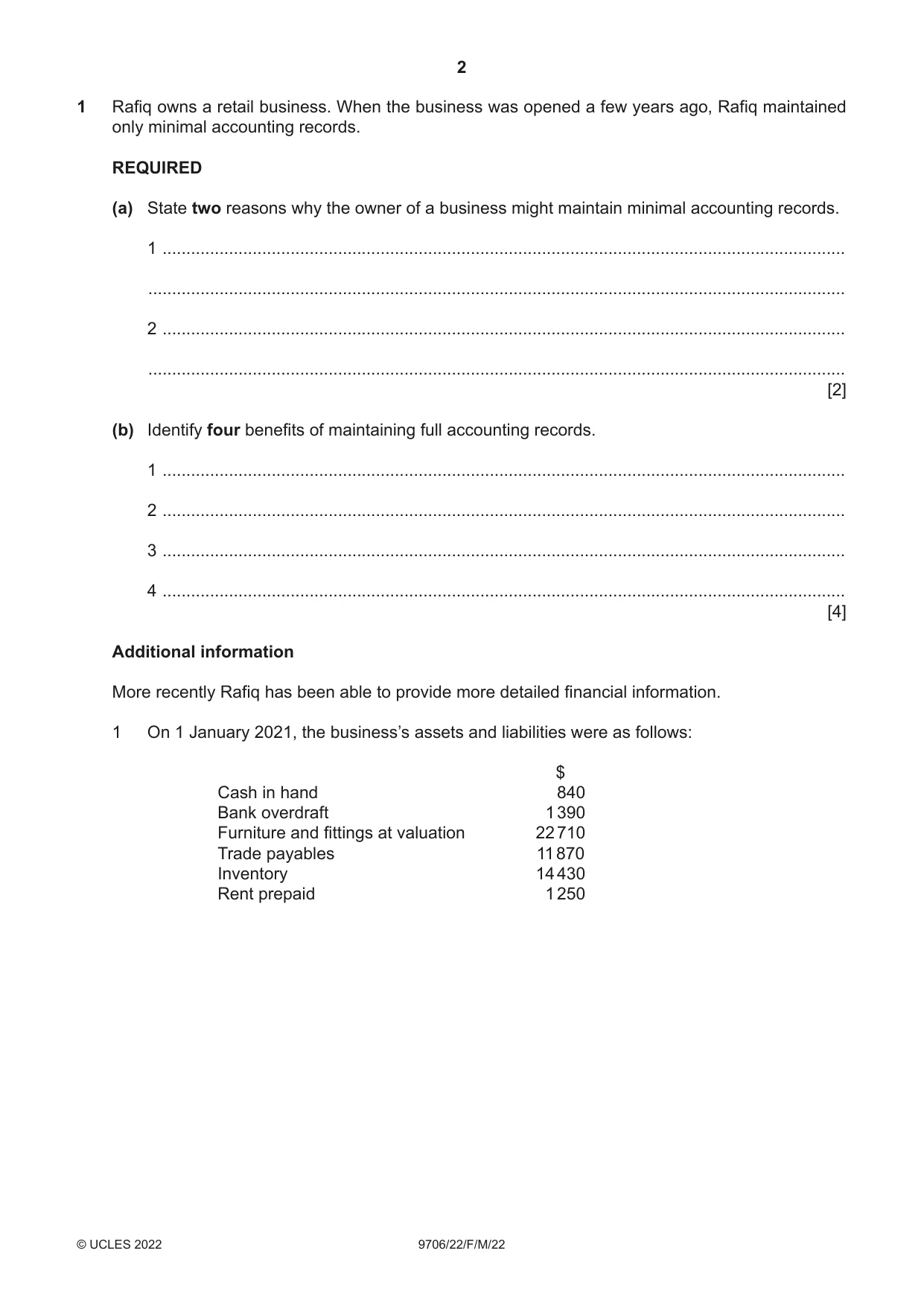Cambridge A Level Accounting 9706 2022 Feb/March Paper 2 · Variant 2 question paper, page 2 of 20