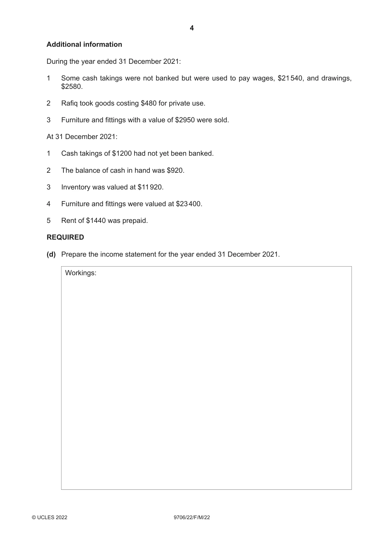 Cambridge A Level Accounting 9706 2022 Feb/March Paper 2 · Variant 2 question paper, page 4 of 20