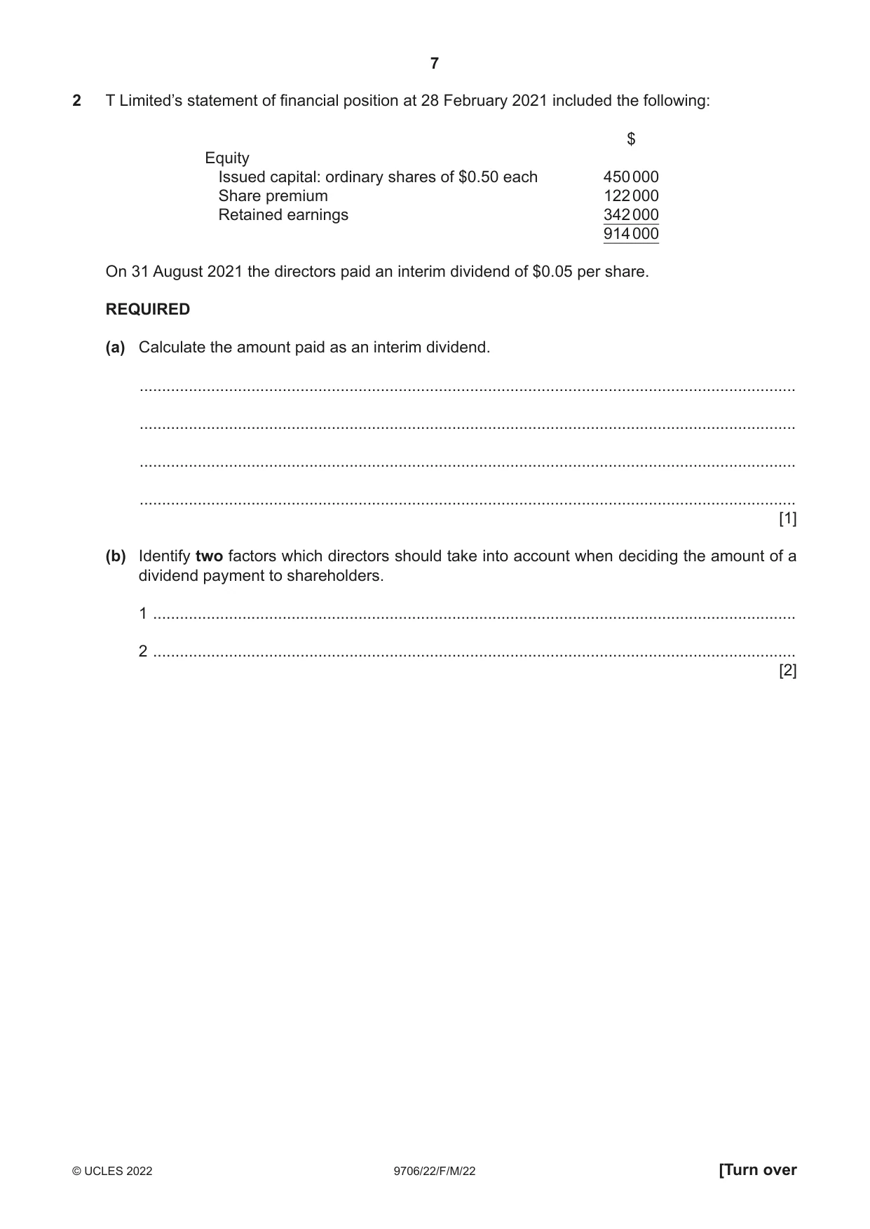 Cambridge A Level Accounting 9706 2022 Feb/March Paper 2 · Variant 2 question paper, page 7 of 20