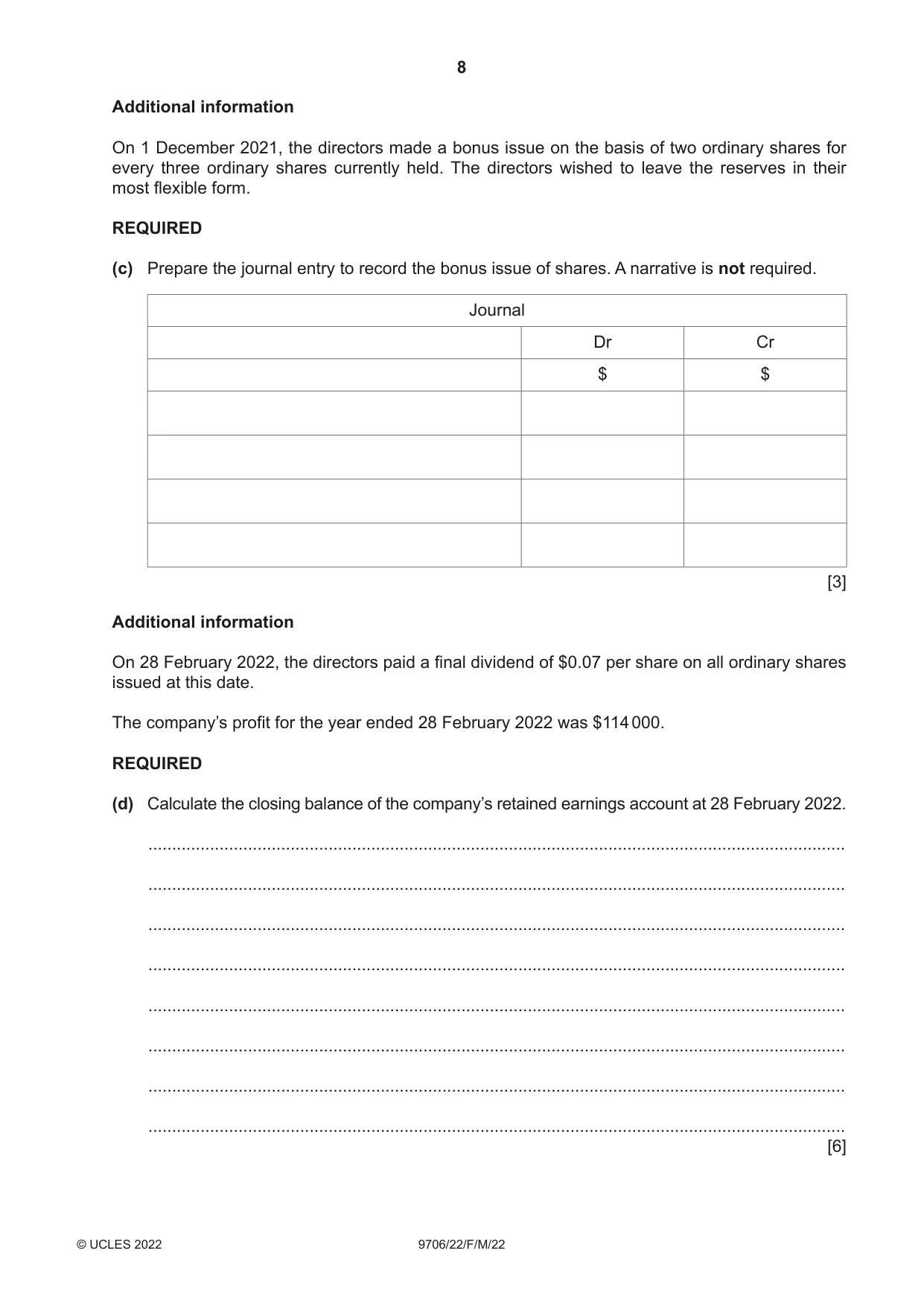 Cambridge A Level Accounting 9706 2022 Feb/March Paper 2 · Variant 2 question paper, page 8 of 20