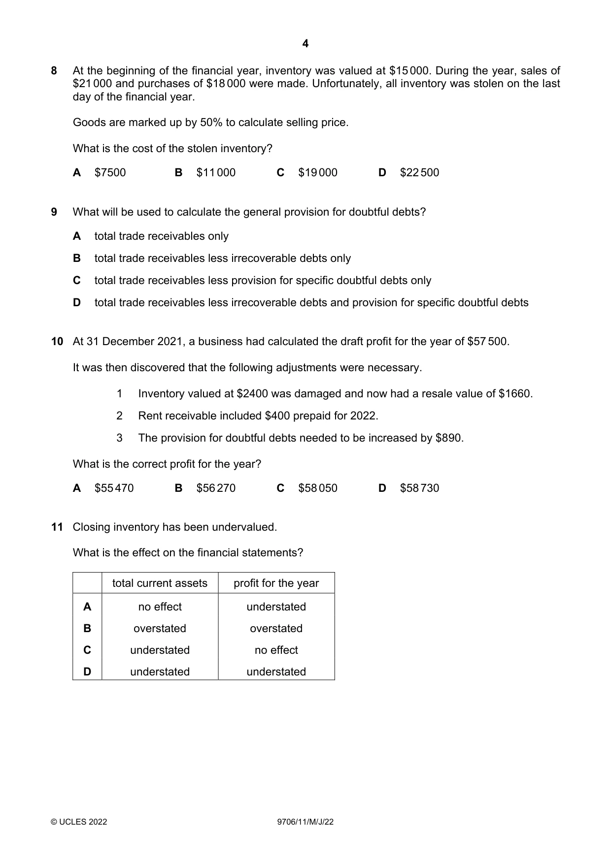 Cambridge A Level Accounting 9706 2022 May/June Paper 1 · Variant 1 question paper, page 4 of 12