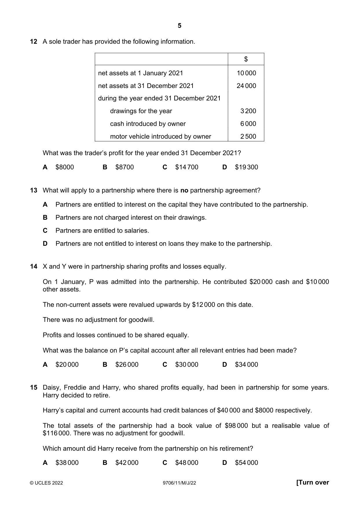 Cambridge A Level Accounting 9706 2022 May/June Paper 1 · Variant 1 question paper, page 5 of 12