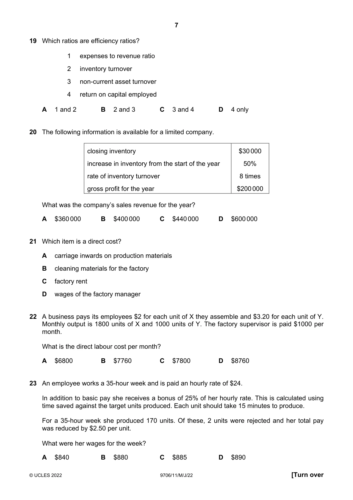 Cambridge A Level Accounting 9706 2022 May/June Paper 1 · Variant 1 question paper, page 7 of 12