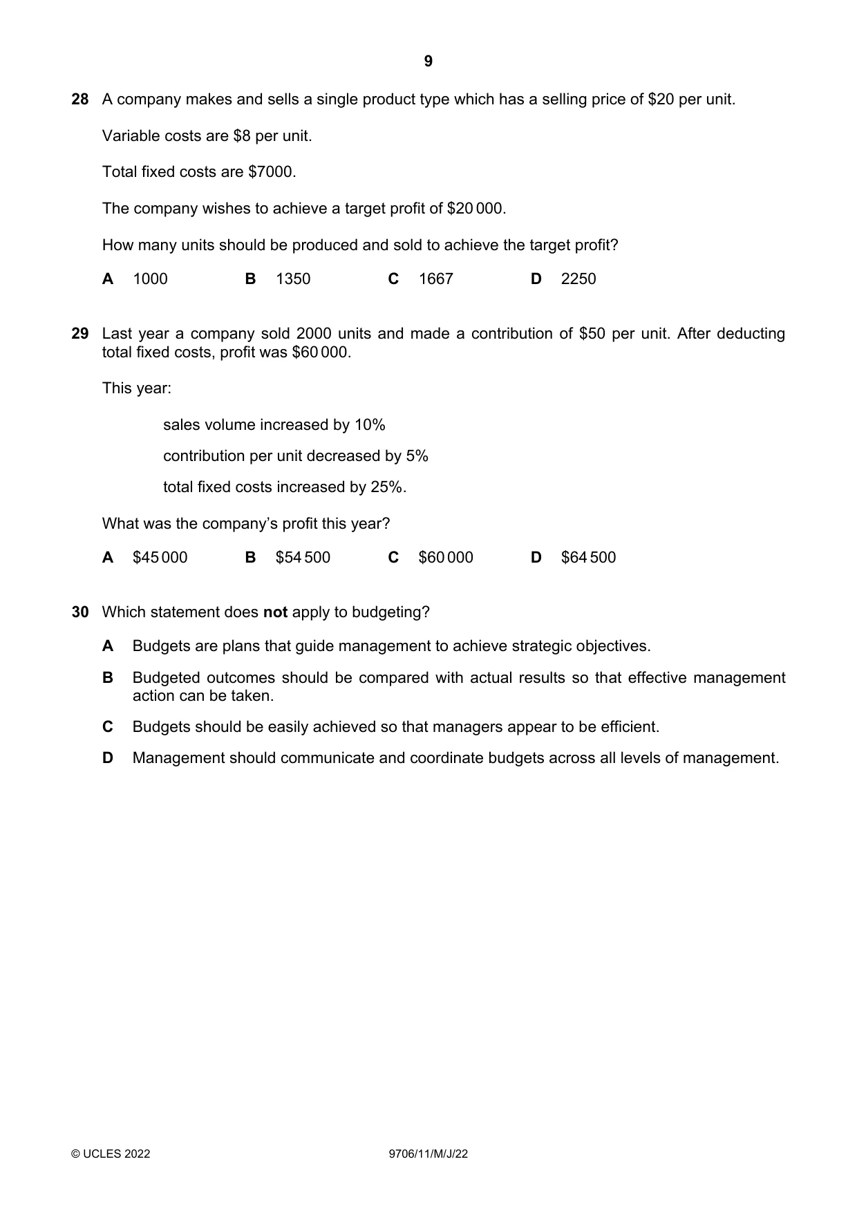 Cambridge A Level Accounting 9706 2022 May/June Paper 1 · Variant 1 question paper, page 9 of 12