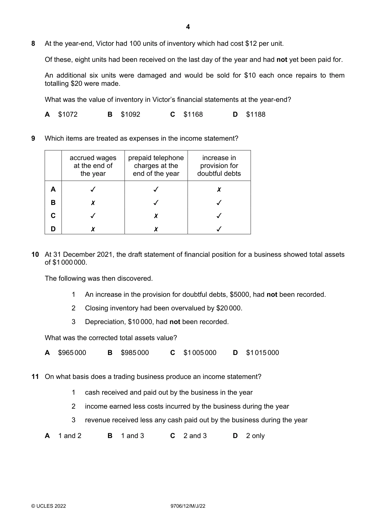 Cambridge A Level Accounting 9706 2022 May/June Paper 1 · Variant 2 question paper, page 4 of 12
